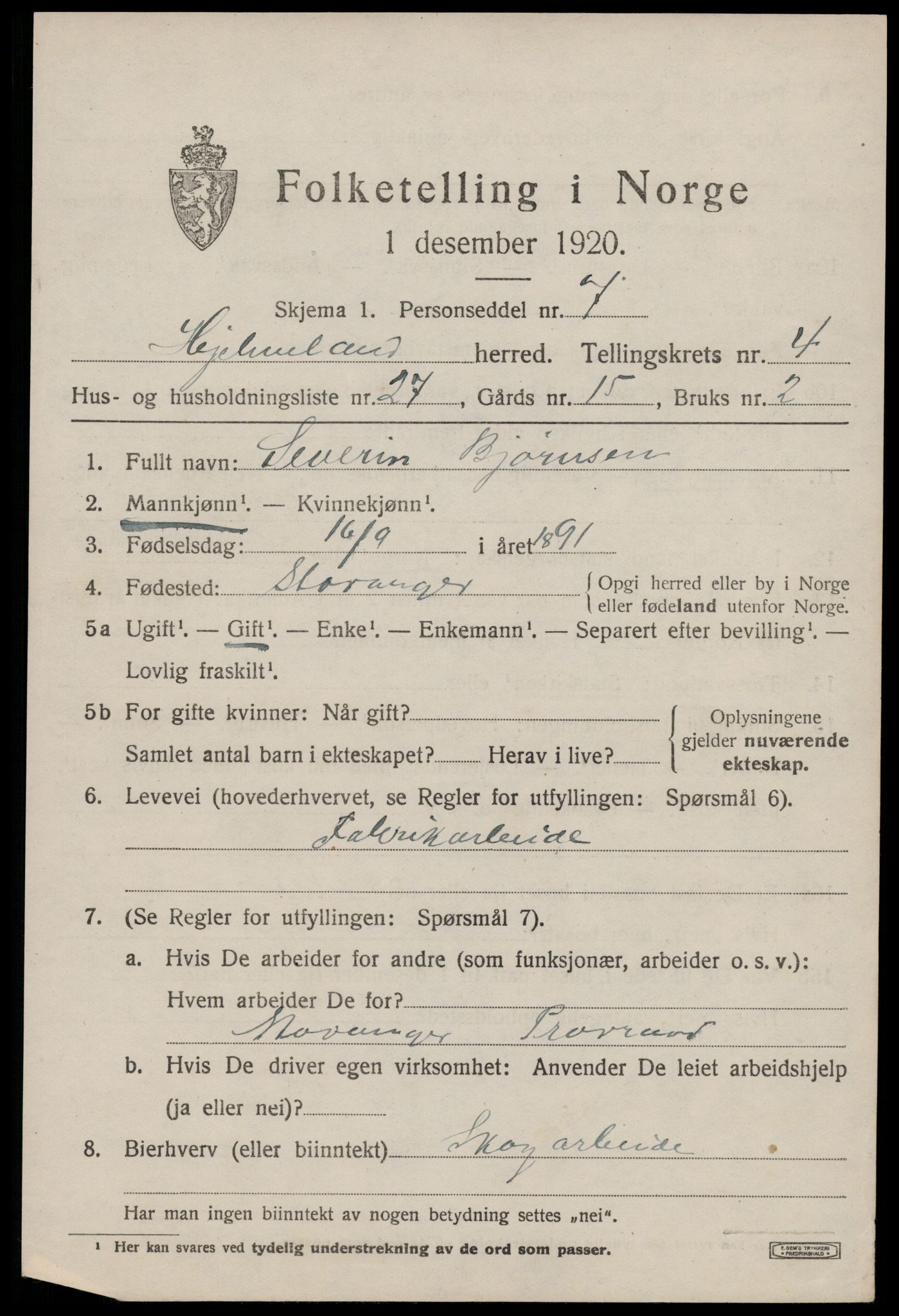 SAST, 1920 census for Hjelmeland, 1920, p. 1795