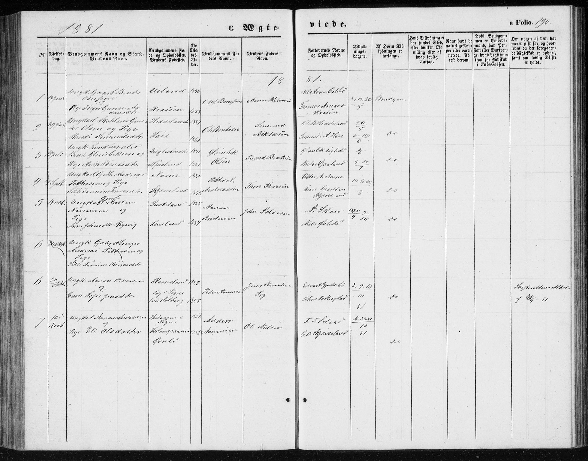Holum sokneprestkontor, SAK/1111-0022/F/Fb/Fbc/L0002: Parish register (copy) no. B 2, 1860-1882, p. 190