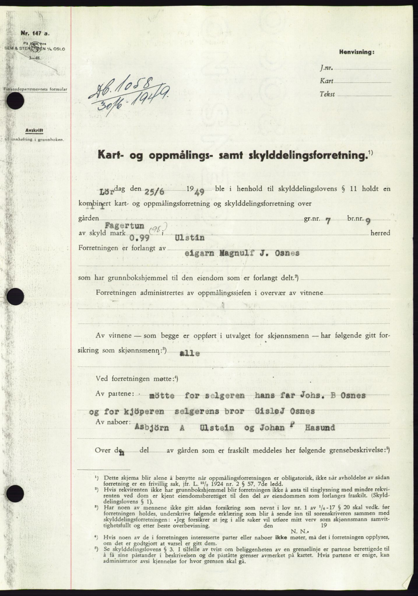 Søre Sunnmøre sorenskriveri, AV/SAT-A-4122/1/2/2C/L0084: Mortgage book no. 10A, 1949-1949, Diary no: : 1058/1949