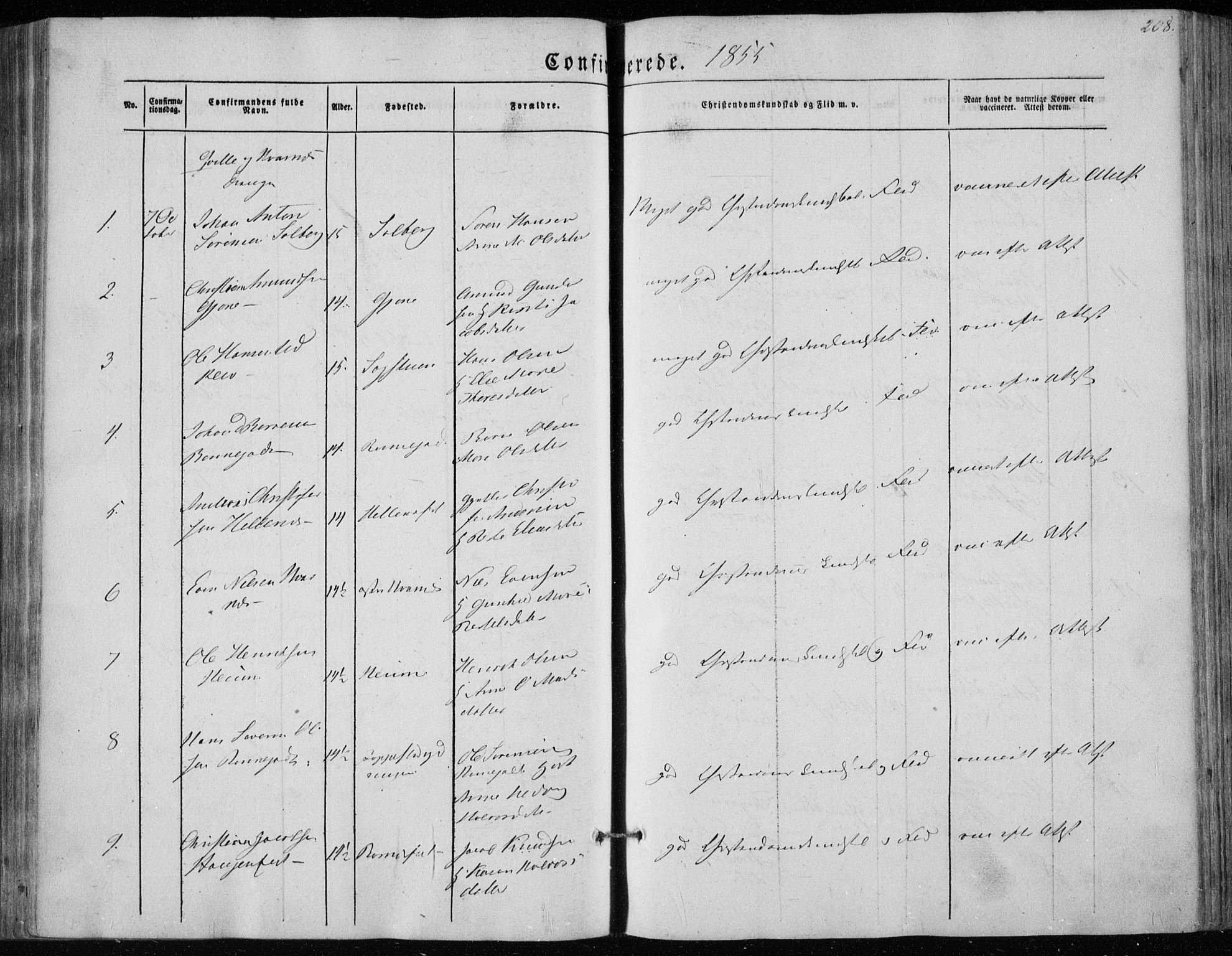 Hedrum kirkebøker, AV/SAKO-A-344/F/Fa/L0006: Parish register (official) no. I 6, 1849-1857, p. 208