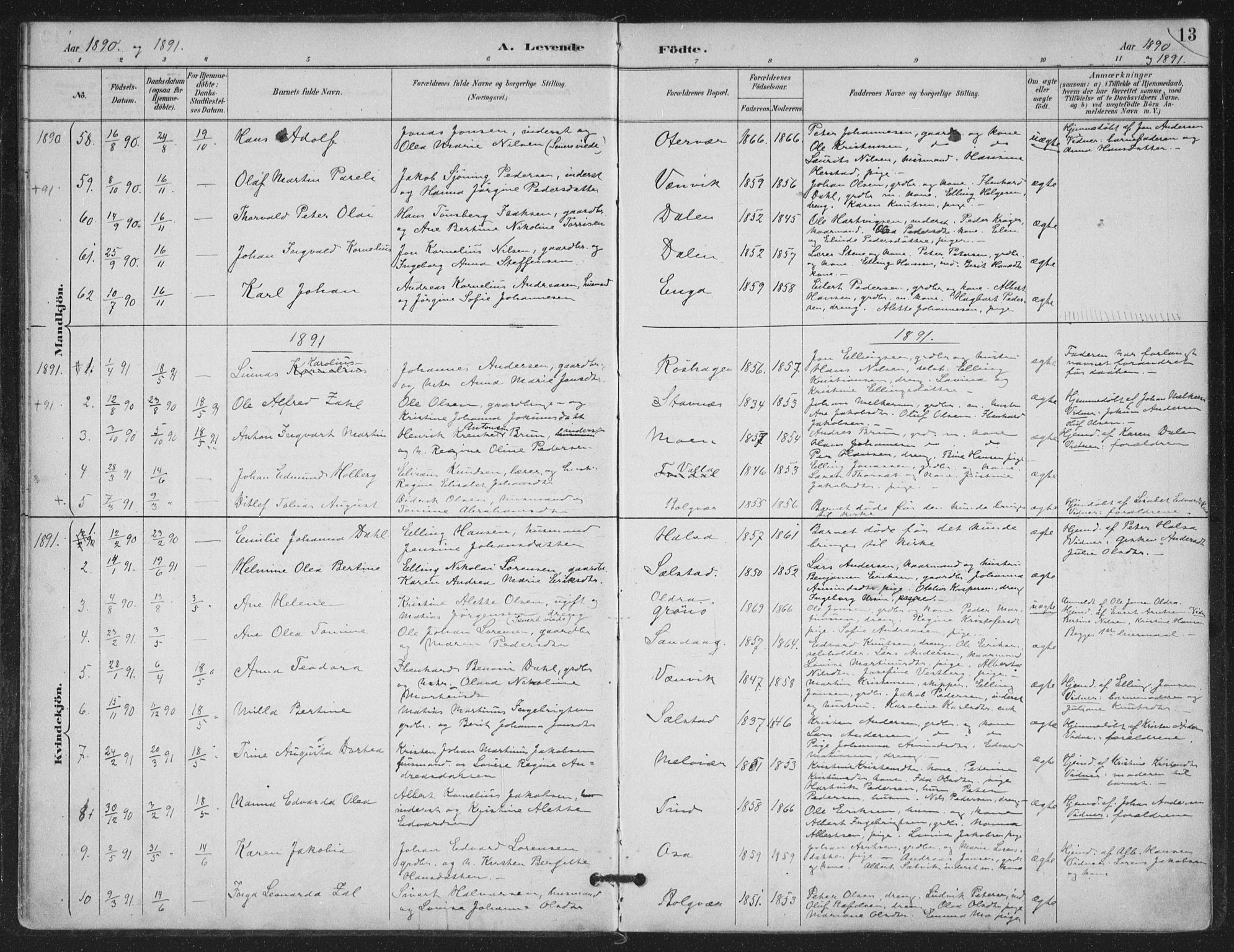 Ministerialprotokoller, klokkerbøker og fødselsregistre - Nordland, SAT/A-1459/843/L0628: Parish register (official) no. 843A03, 1889-1907, p. 13