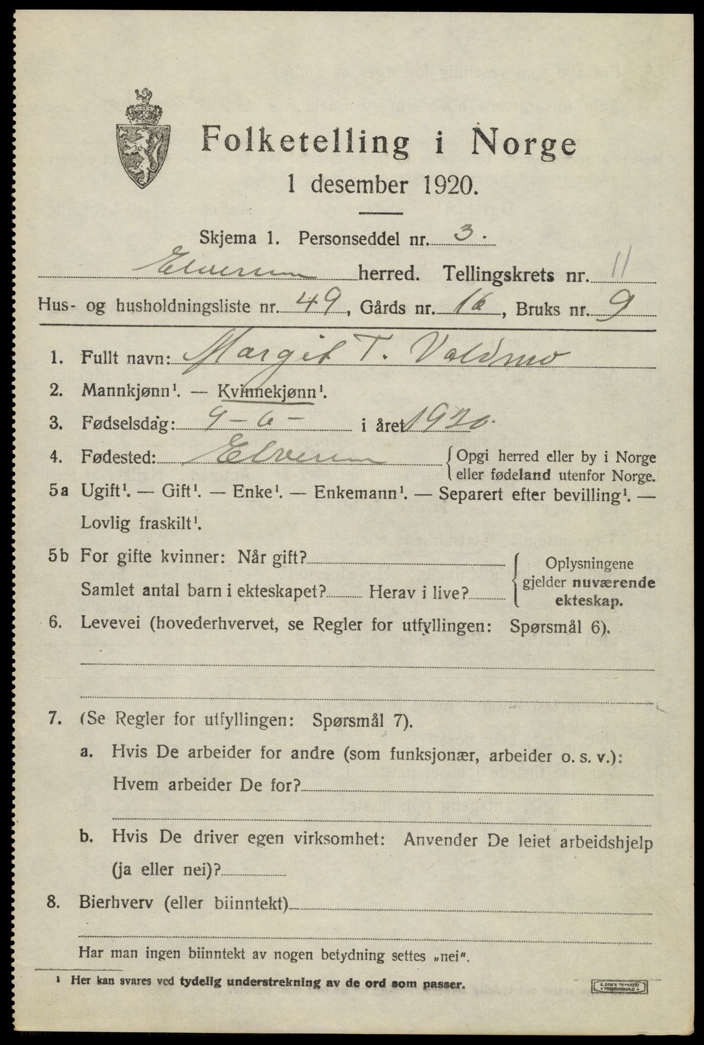 SAH, 1920 census for Elverum, 1920, p. 16890