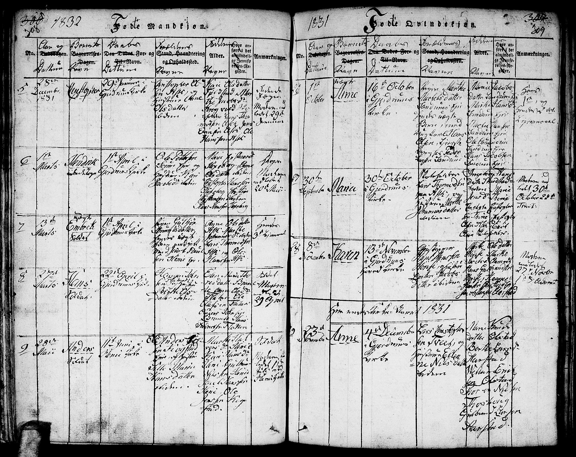 Gjerdrum prestekontor Kirkebøker, AV/SAO-A-10412b/F/Fa/L0004: Parish register (official) no. I 4, 1816-1836, p. 308-309