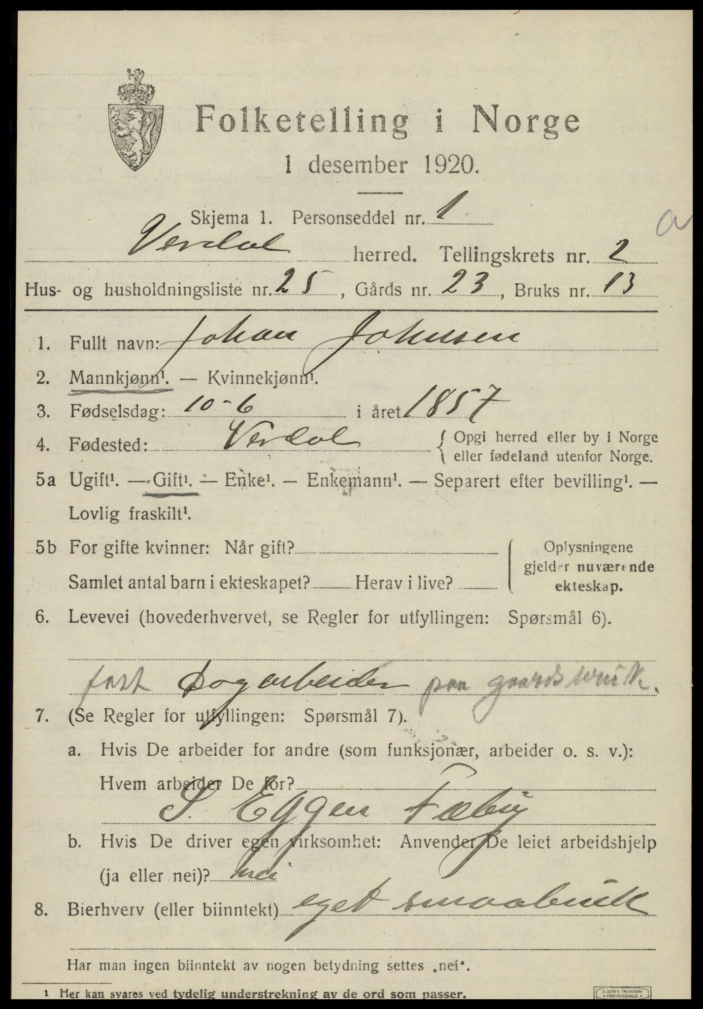 SAT, 1920 census for Verdal, 1920, p. 4021