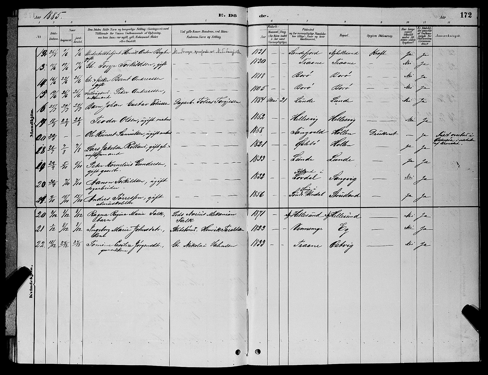 Søgne sokneprestkontor, AV/SAK-1111-0037/F/Fb/Fbb/L0005: Parish register (copy) no. B 5, 1884-1891, p. 172