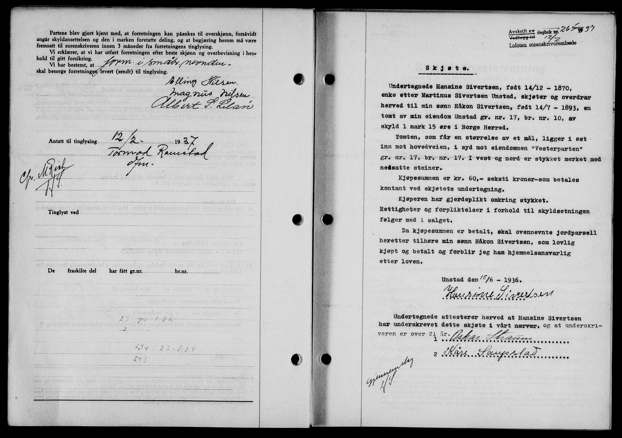 Lofoten sorenskriveri, SAT/A-0017/1/2/2C/L0001a: Mortgage book no. 1a, 1936-1937, Diary no: : 265/1937