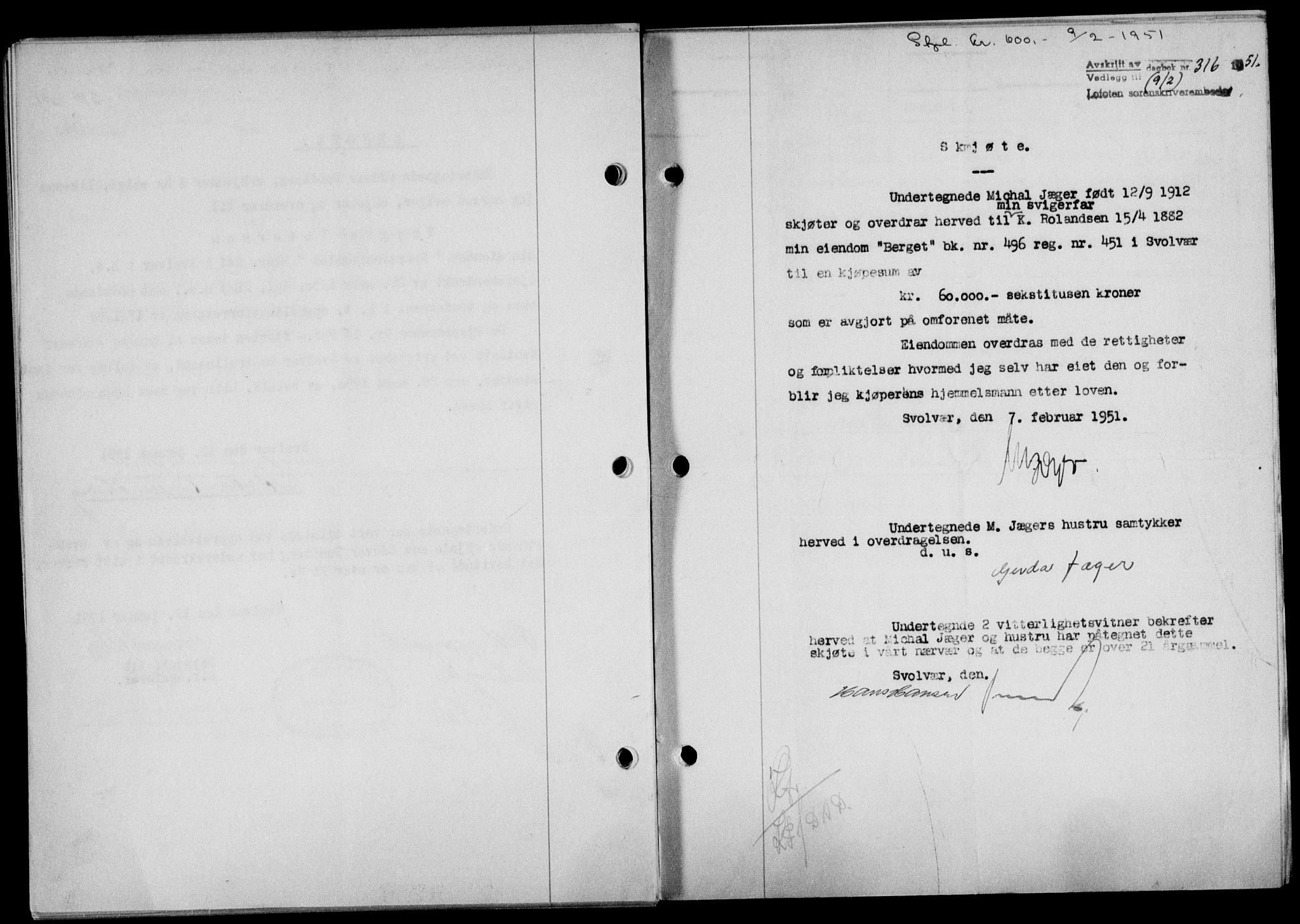 Lofoten sorenskriveri, SAT/A-0017/1/2/2C/L0025a: Mortgage book no. 25a, 1950-1951, Diary no: : 316/1951