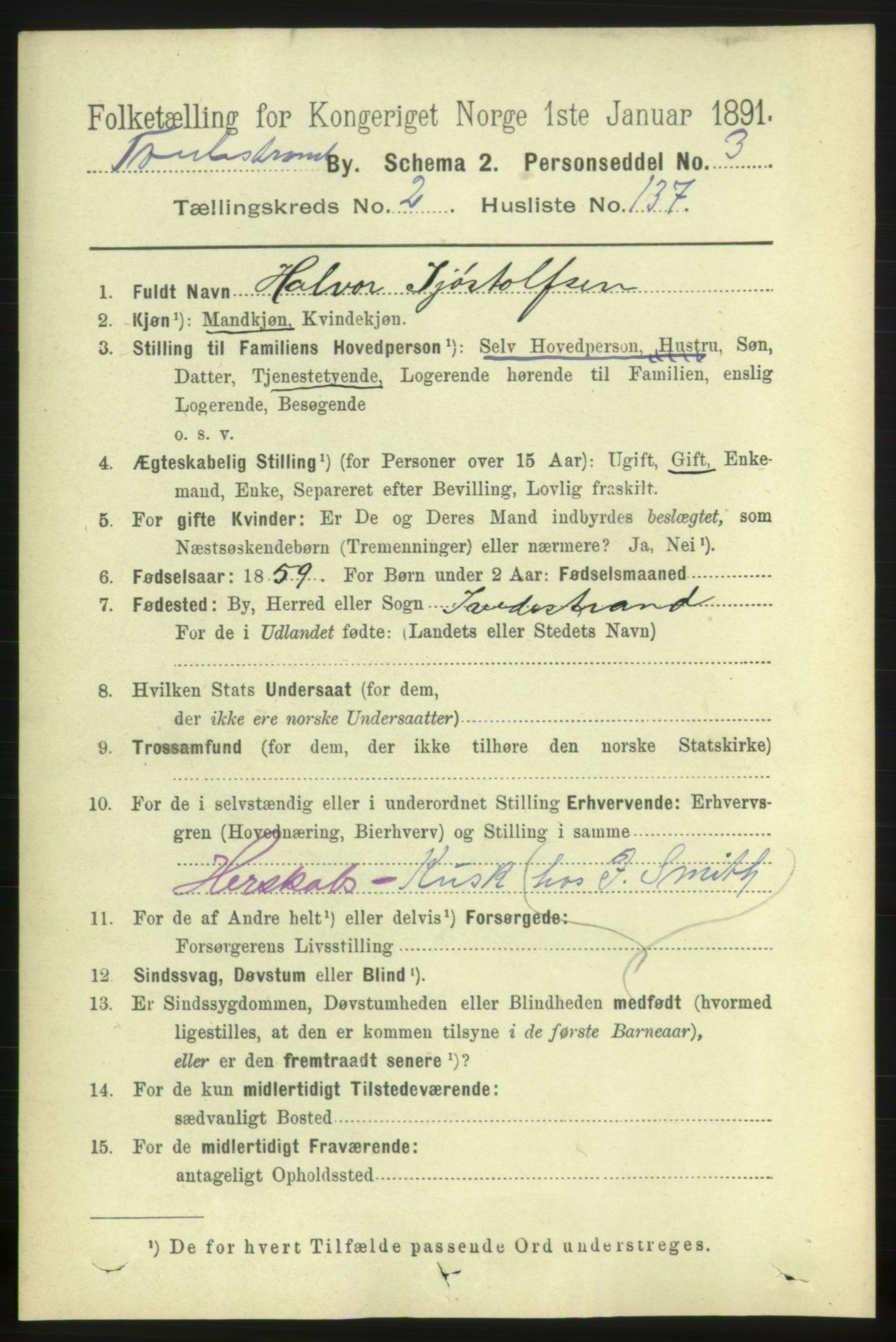 RA, 1891 census for 0902 Tvedestrand, 1891, p. 2441