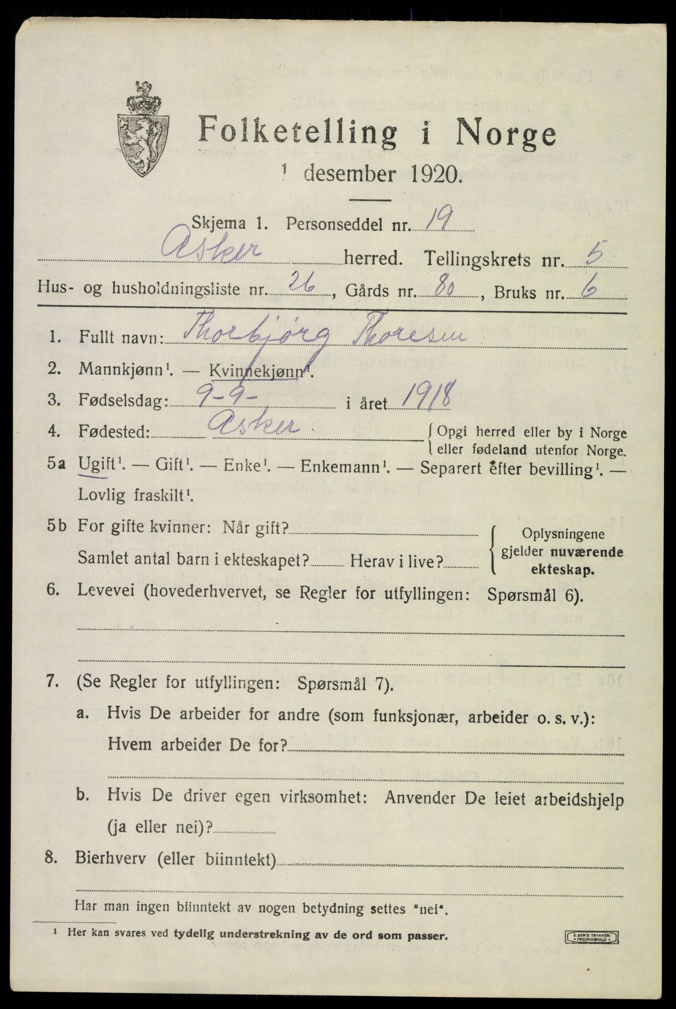 SAO, 1920 census for Asker, 1920, p. 12636