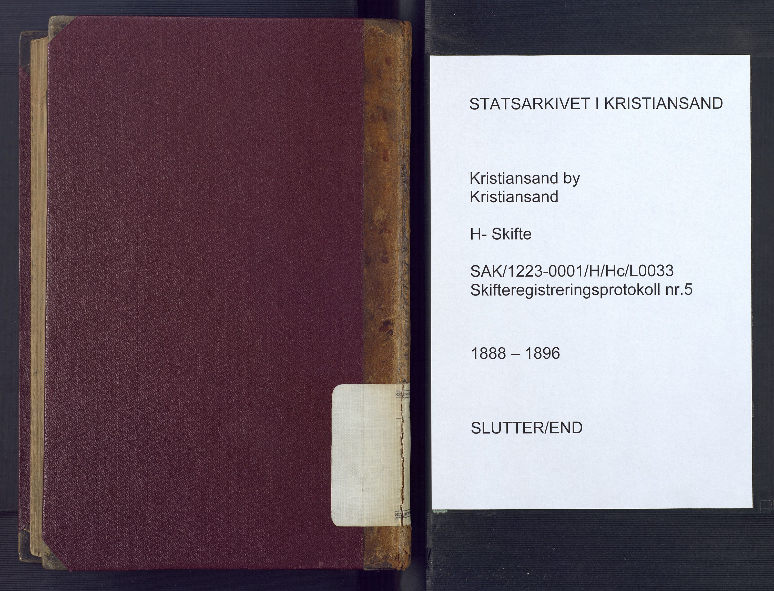 Kristiansand byrett, SAK/1223-0001/H/Hc/L0033: Skifteregistreringsprotokoll nr. 5, med register, 1888-1896