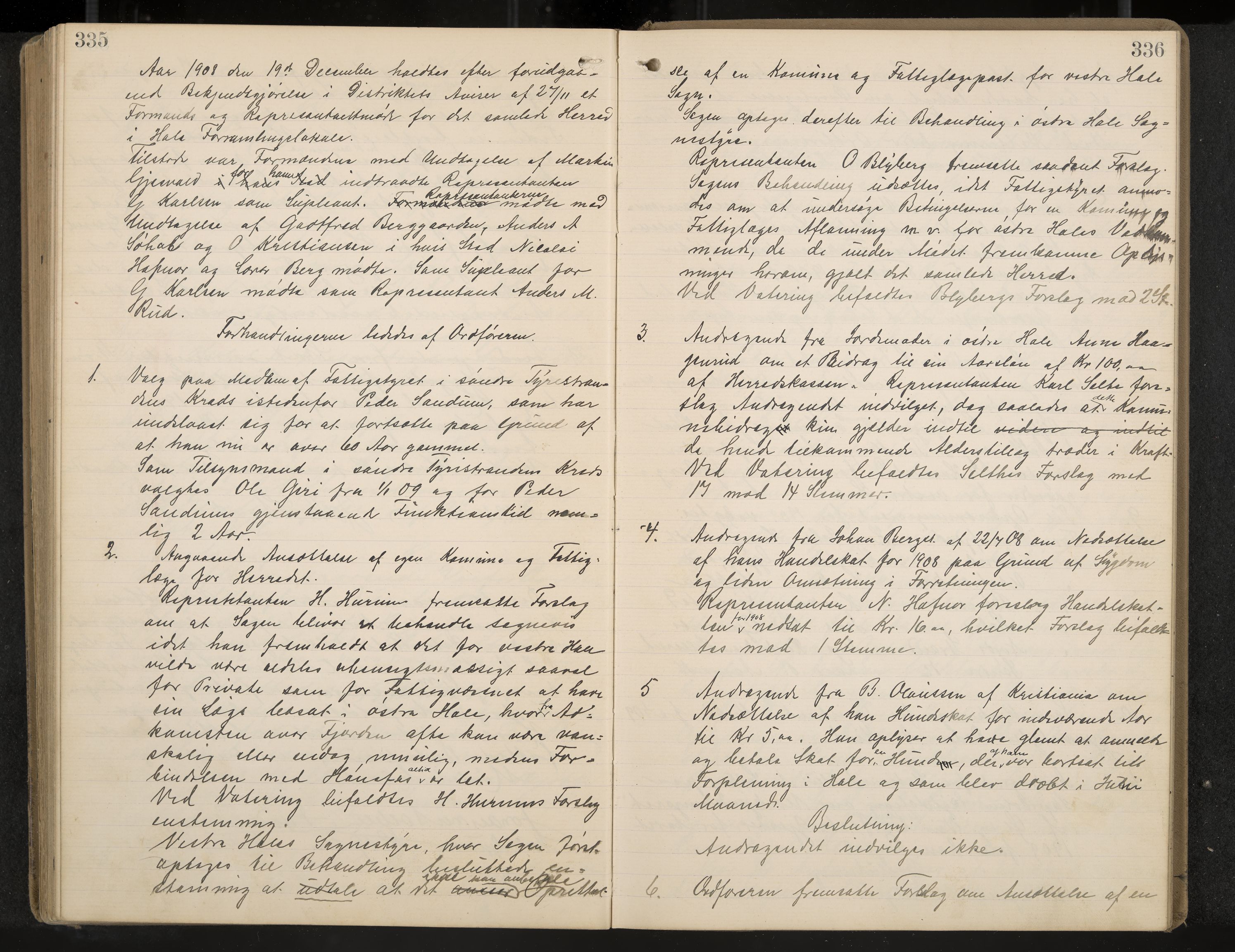 Hole formannskap og sentraladministrasjon, IKAK/0612021-1/A/Aa/L0004: Møtebok med register, 1902-1910, p. 335-336
