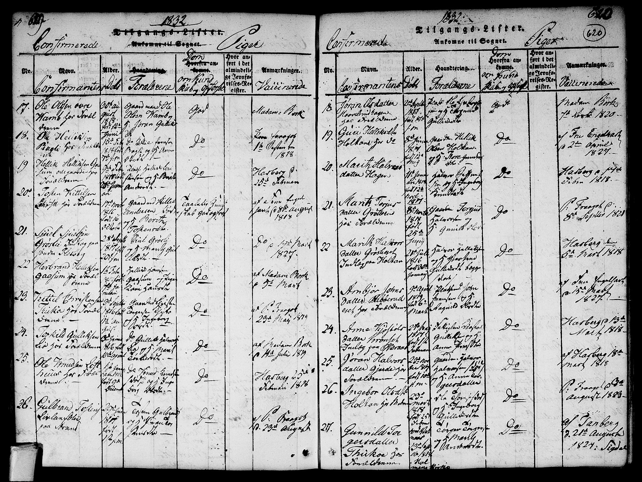 Flesberg kirkebøker, AV/SAKO-A-18/G/Ga/L0001: Parish register (copy) no. I 1, 1816-1834, p. 619-620