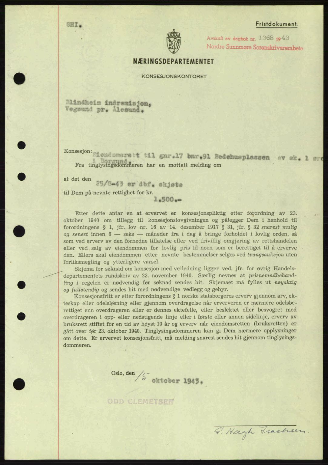 Nordre Sunnmøre sorenskriveri, SAT/A-0006/1/2/2C/2Ca: Mortgage book no. B6-14 a, 1942-1945, Diary no: : 1368/1943