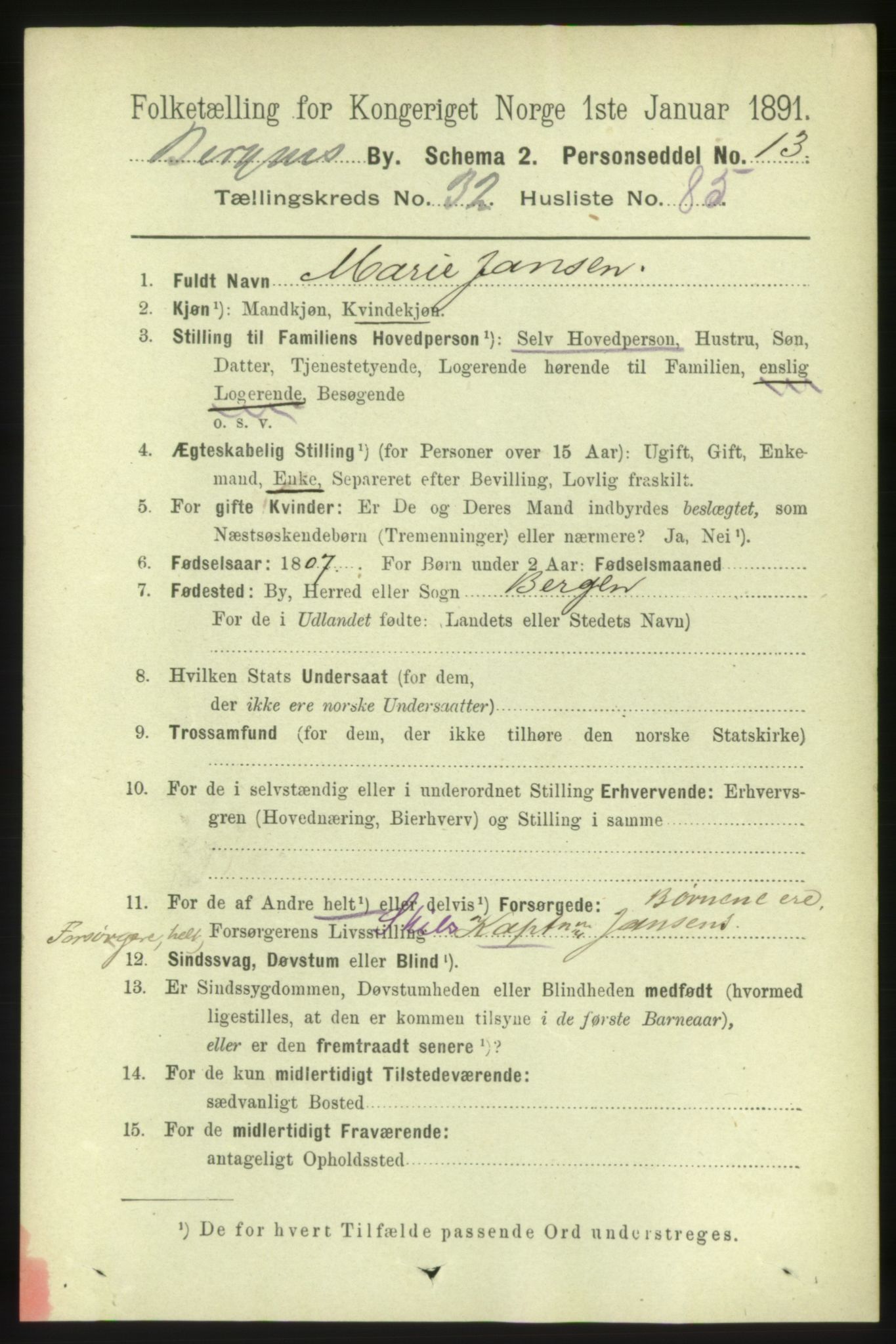 RA, 1891 Census for 1301 Bergen, 1891, p. 40913