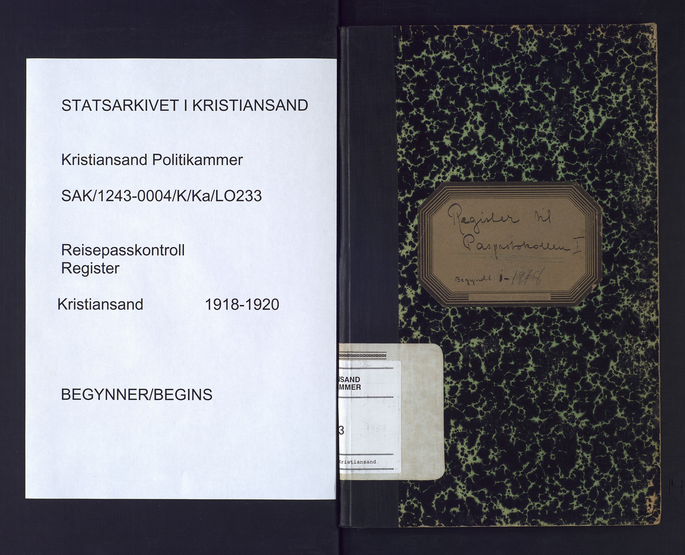 Kristiansand politikammer, SAK/1243-0004/K/Ka/L0233: Register til passprotokoll, 1918-1920, p. 1