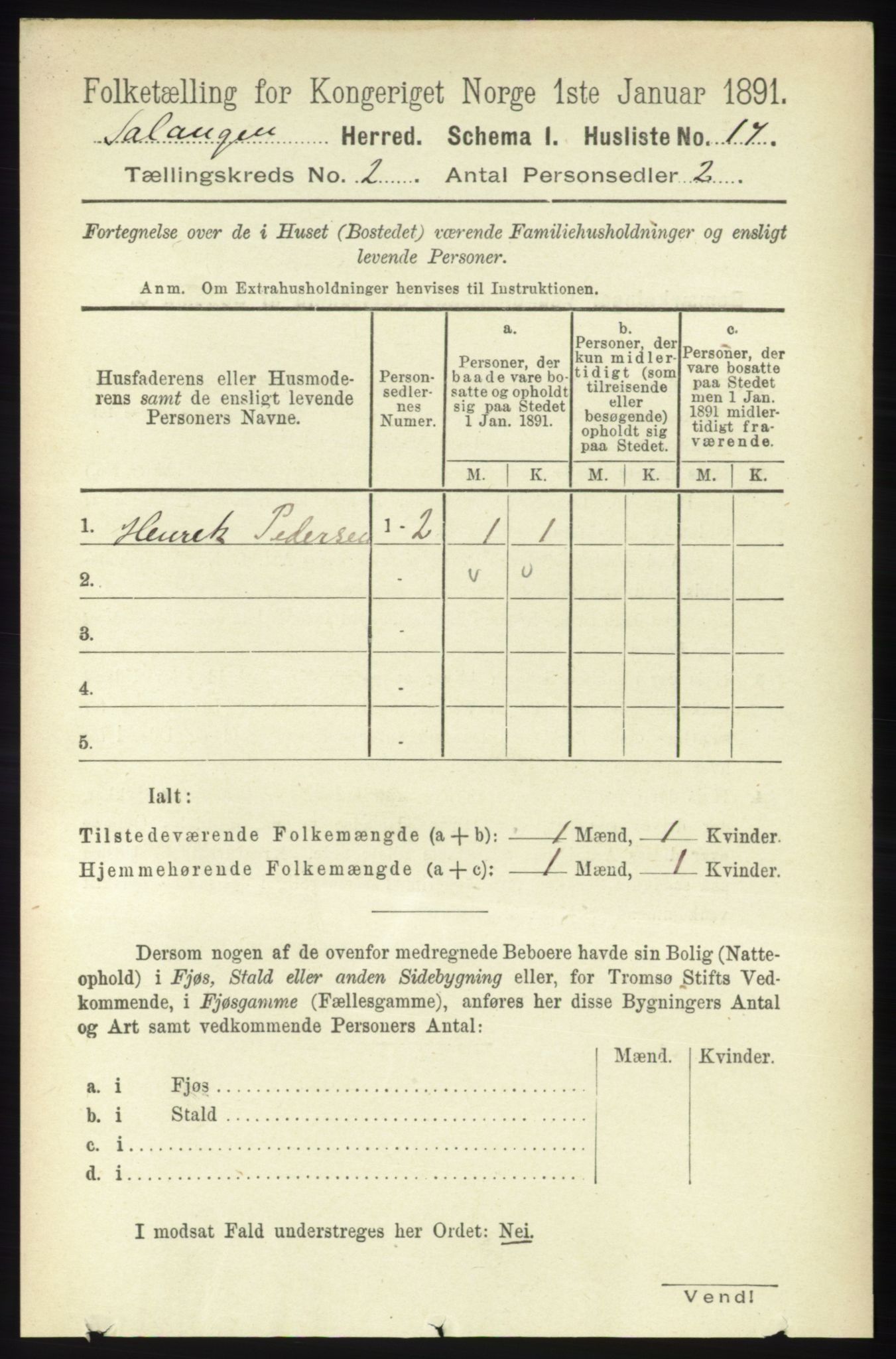 RA, 1891 census for 1921 Salangen, 1891, p. 491