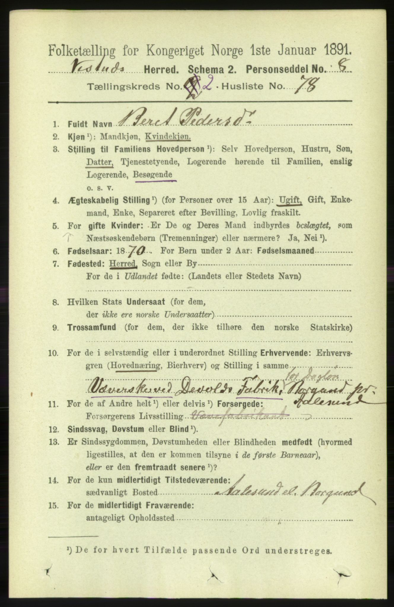 RA, 1891 census for 1535 Vestnes, 1891, p. 602