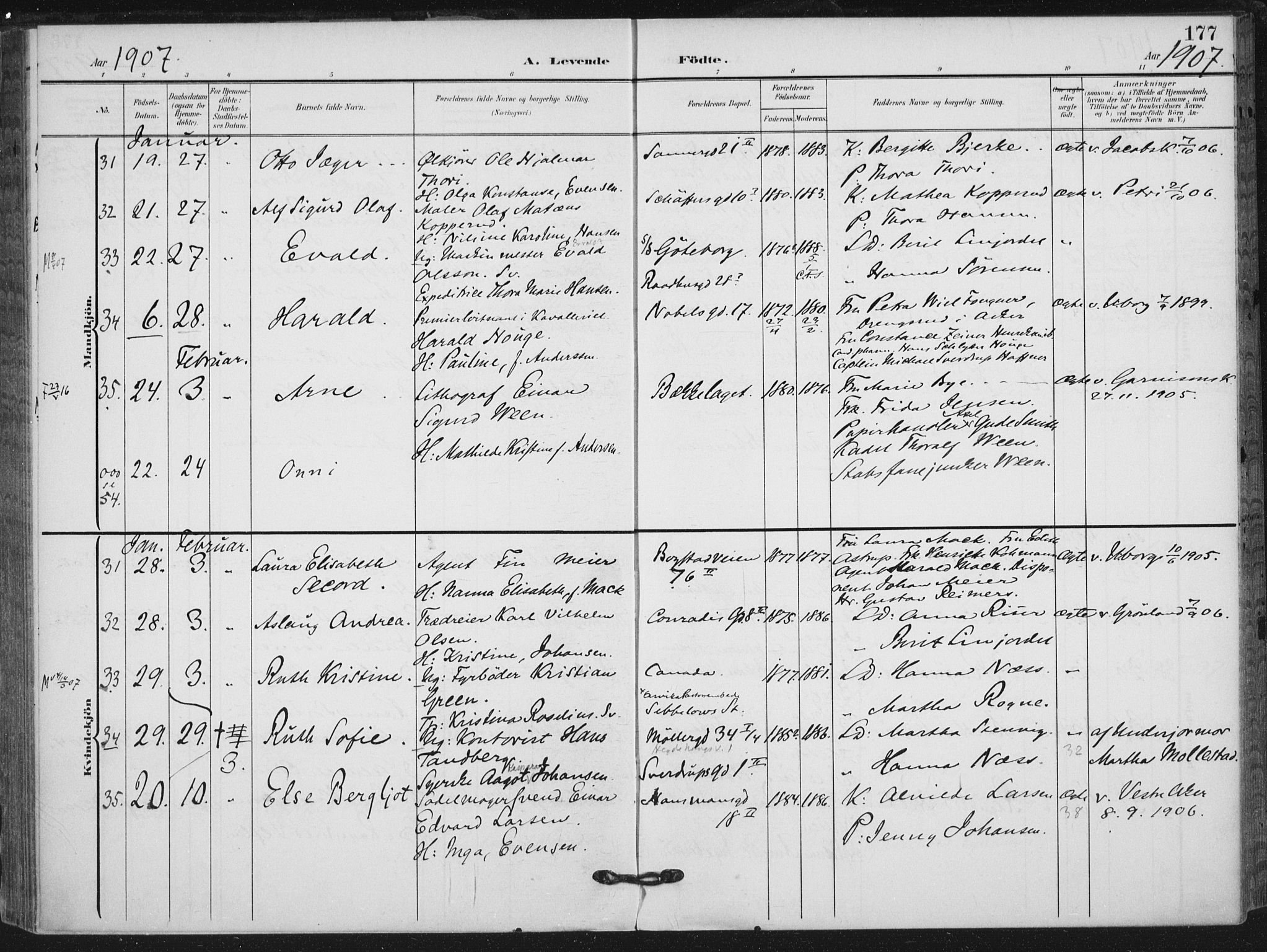 Rikshospitalet prestekontor Kirkebøker, AV/SAO-A-10309b/F/L0013: Parish register (official) no. 13, 1905-1908, p. 177