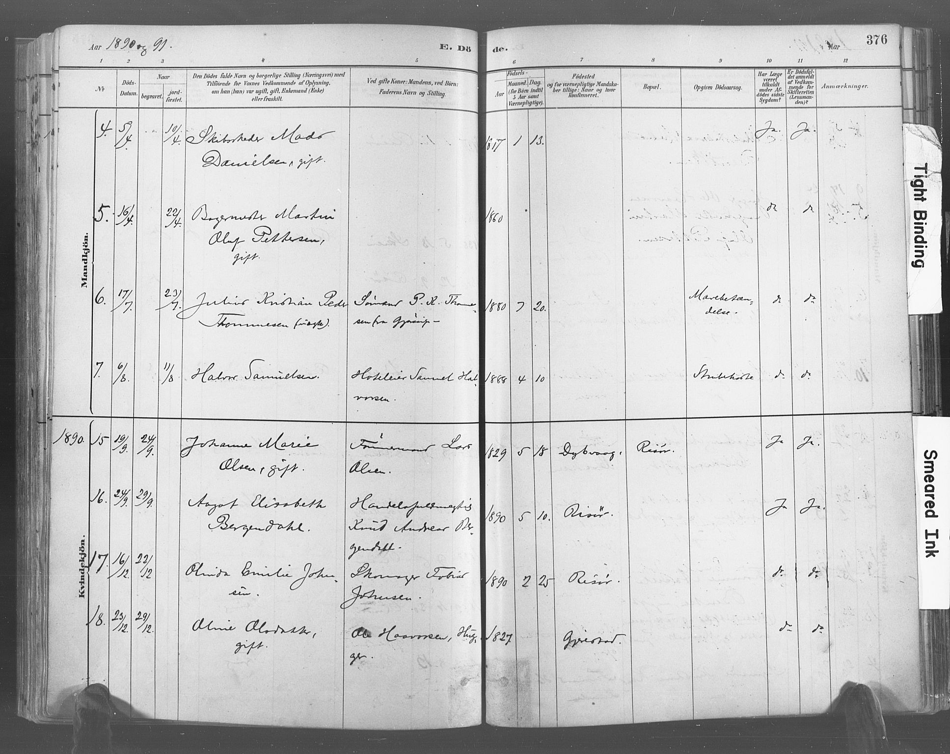 Risør sokneprestkontor, AV/SAK-1111-0035/F/Fa/L0005: Parish register (official) no. A 5, 1883-1895, p. 376