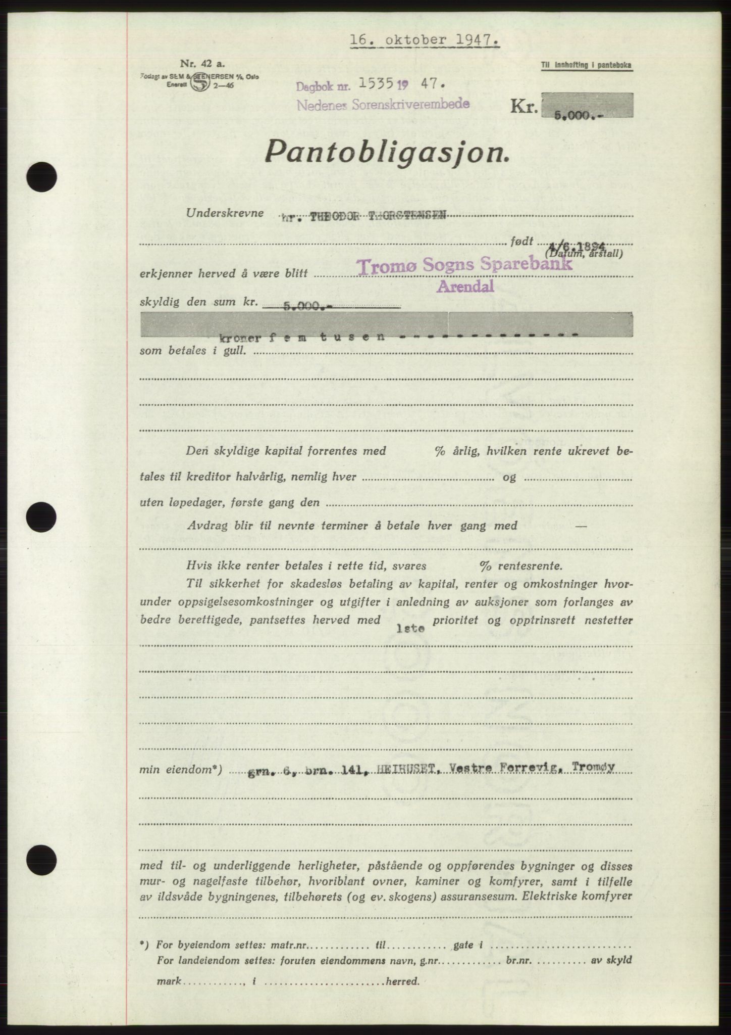 Nedenes sorenskriveri, AV/SAK-1221-0006/G/Gb/Gbb/L0004: Mortgage book no. B4, 1947-1947, Diary no: : 1535/1947