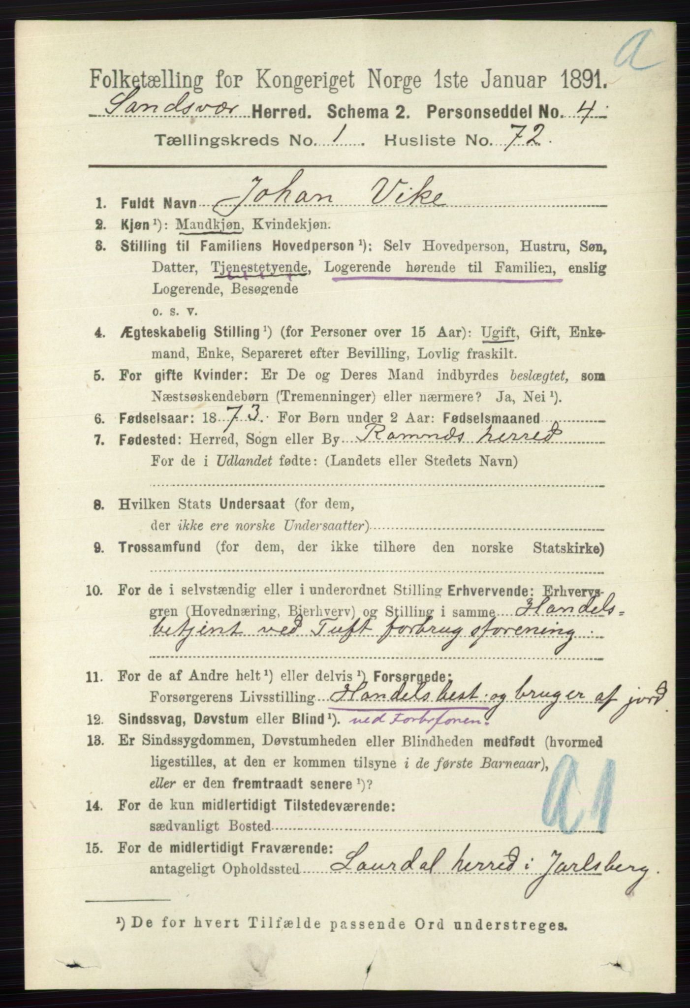 RA, 1891 census for 0629 Sandsvær, 1891, p. 580