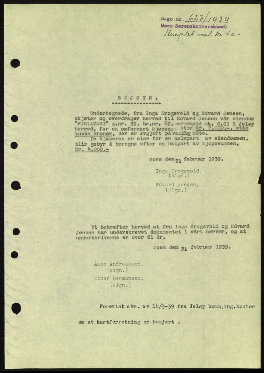 Moss sorenskriveri, SAO/A-10168: Mortgage book no. A5, 1938-1939, Diary no: : 627/1939