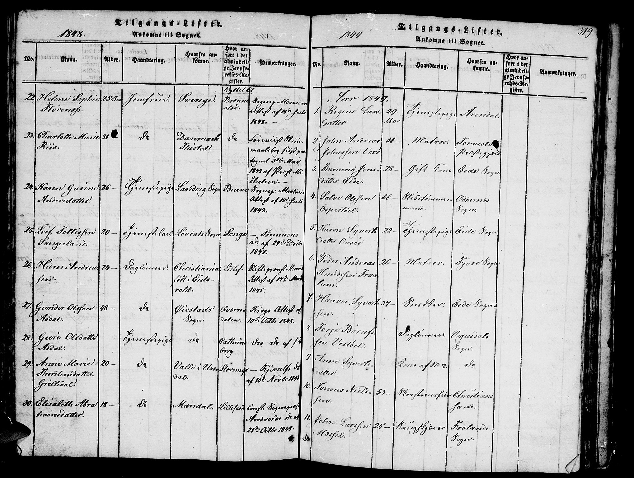 Vestre Moland sokneprestkontor, SAK/1111-0046/F/Fb/Fbb/L0001: Parish register (copy) no. B 1, 1816-1851, p. 319