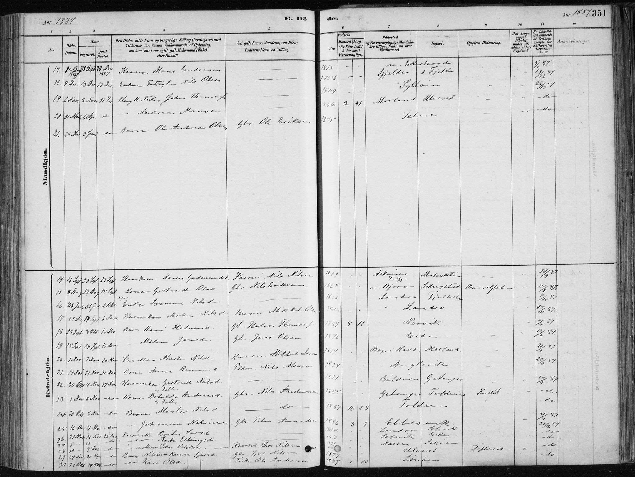Fjell sokneprestembete, SAB/A-75301/H/Haa: Parish register (official) no. A  8, 1878-1898, p. 351