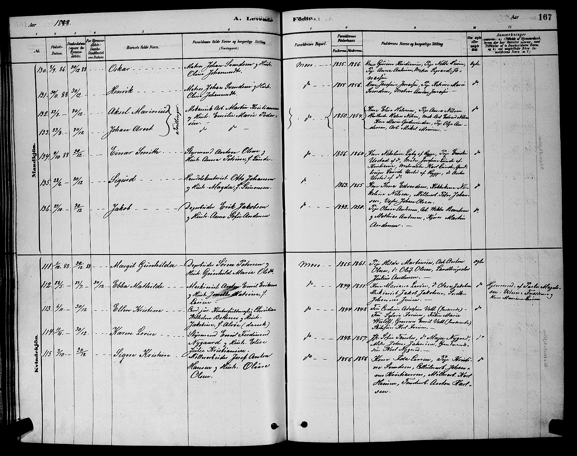 Moss prestekontor Kirkebøker, AV/SAO-A-2003/G/Ga/L0005: Parish register (copy) no. I 5, 1878-1888, p. 167