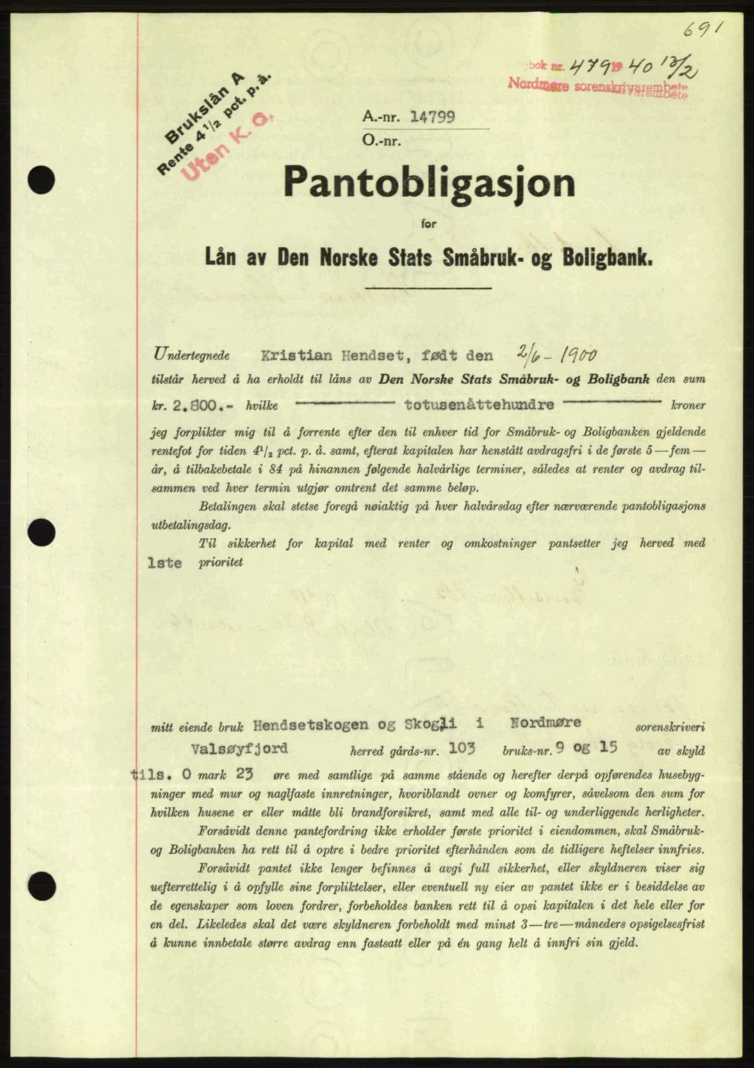 Nordmøre sorenskriveri, AV/SAT-A-4132/1/2/2Ca: Mortgage book no. B86, 1939-1940, Diary no: : 479/1940