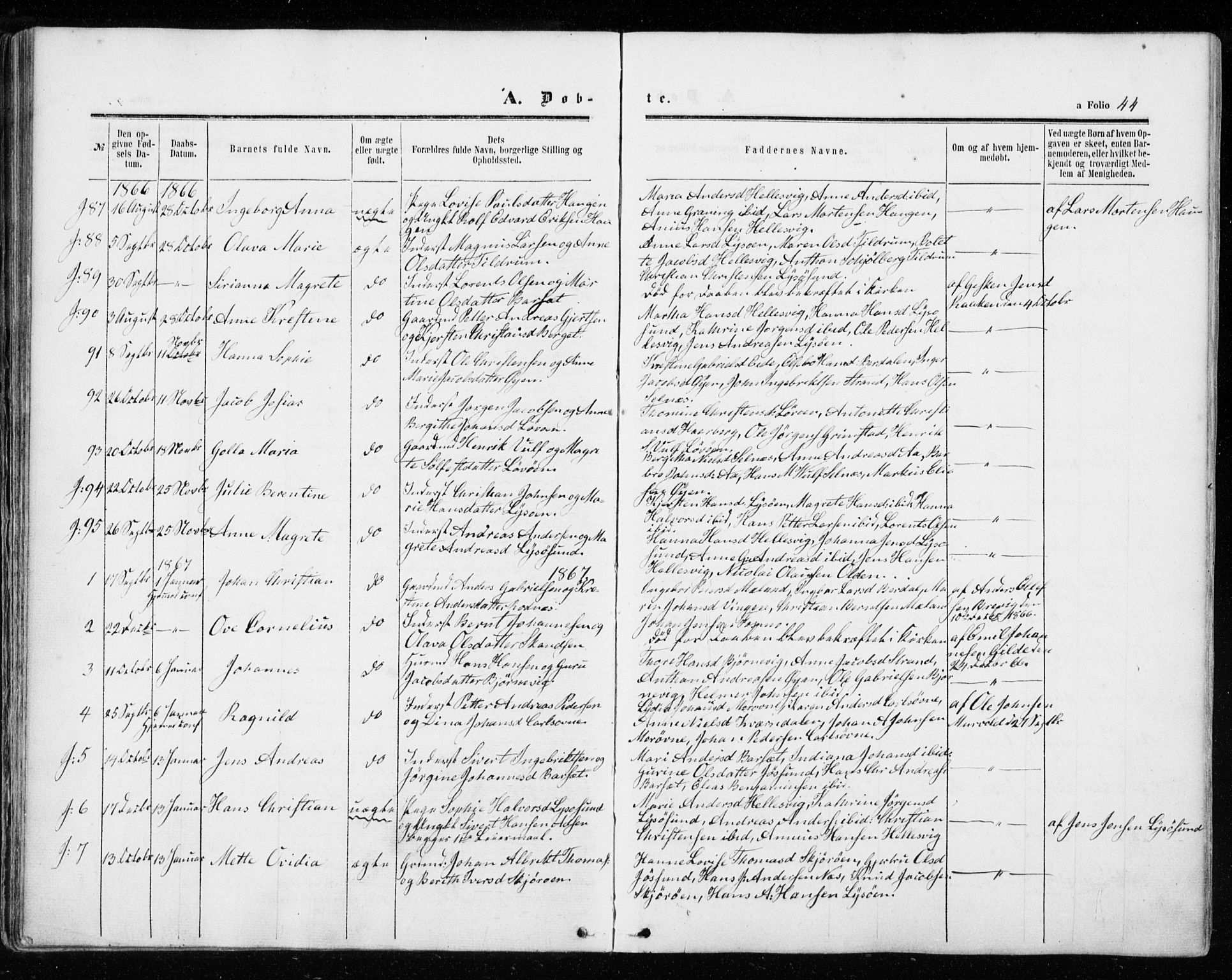 Ministerialprotokoller, klokkerbøker og fødselsregistre - Sør-Trøndelag, SAT/A-1456/655/L0678: Parish register (official) no. 655A07, 1861-1873, p. 44