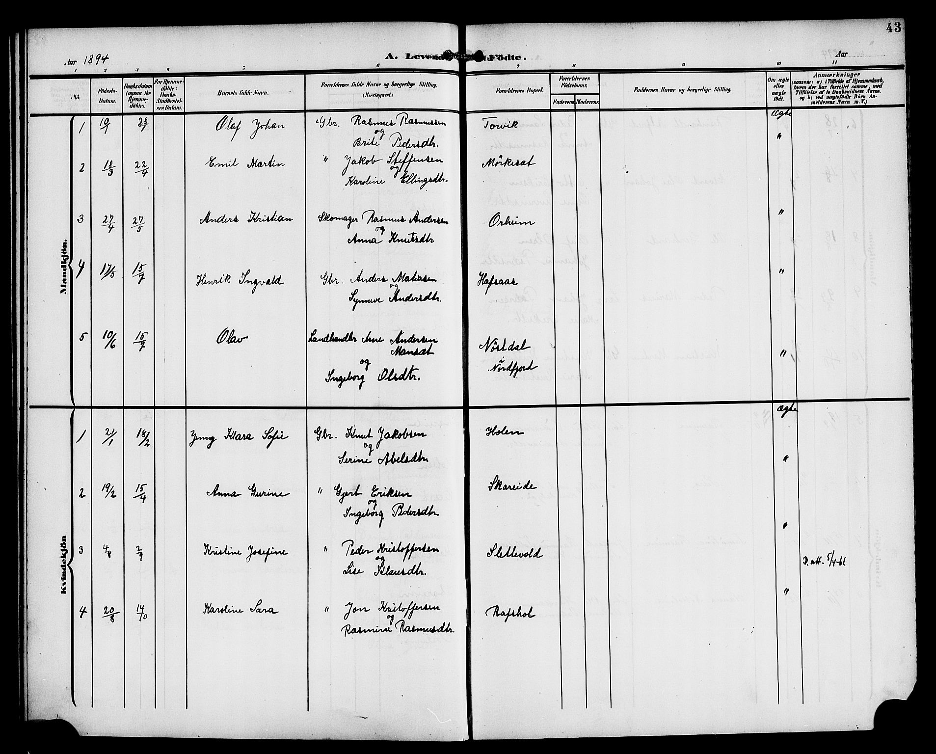 Eid sokneprestembete, AV/SAB-A-82301/H/Haa/Haac/L0001: Parish register (official) no. C 1, 1879-1899, p. 43