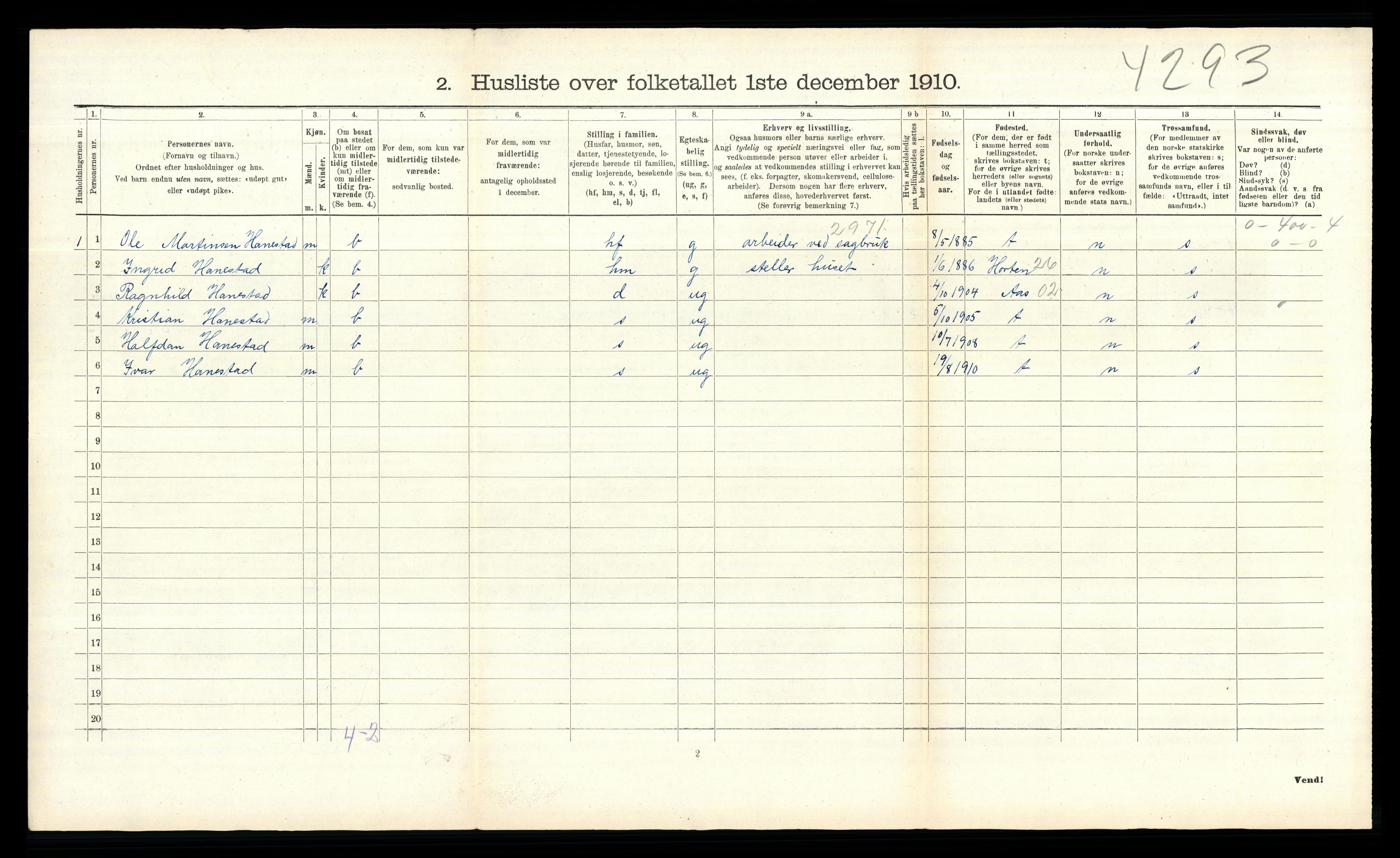 RA, 1910 census for Vestby, 1910, p. 532