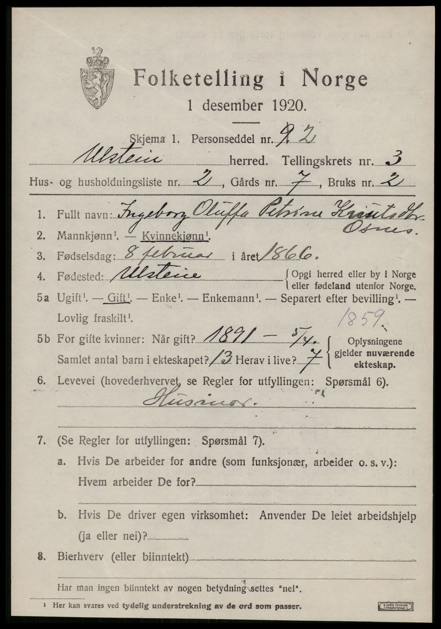 SAT, 1920 census for Ulstein, 1920, p. 1640