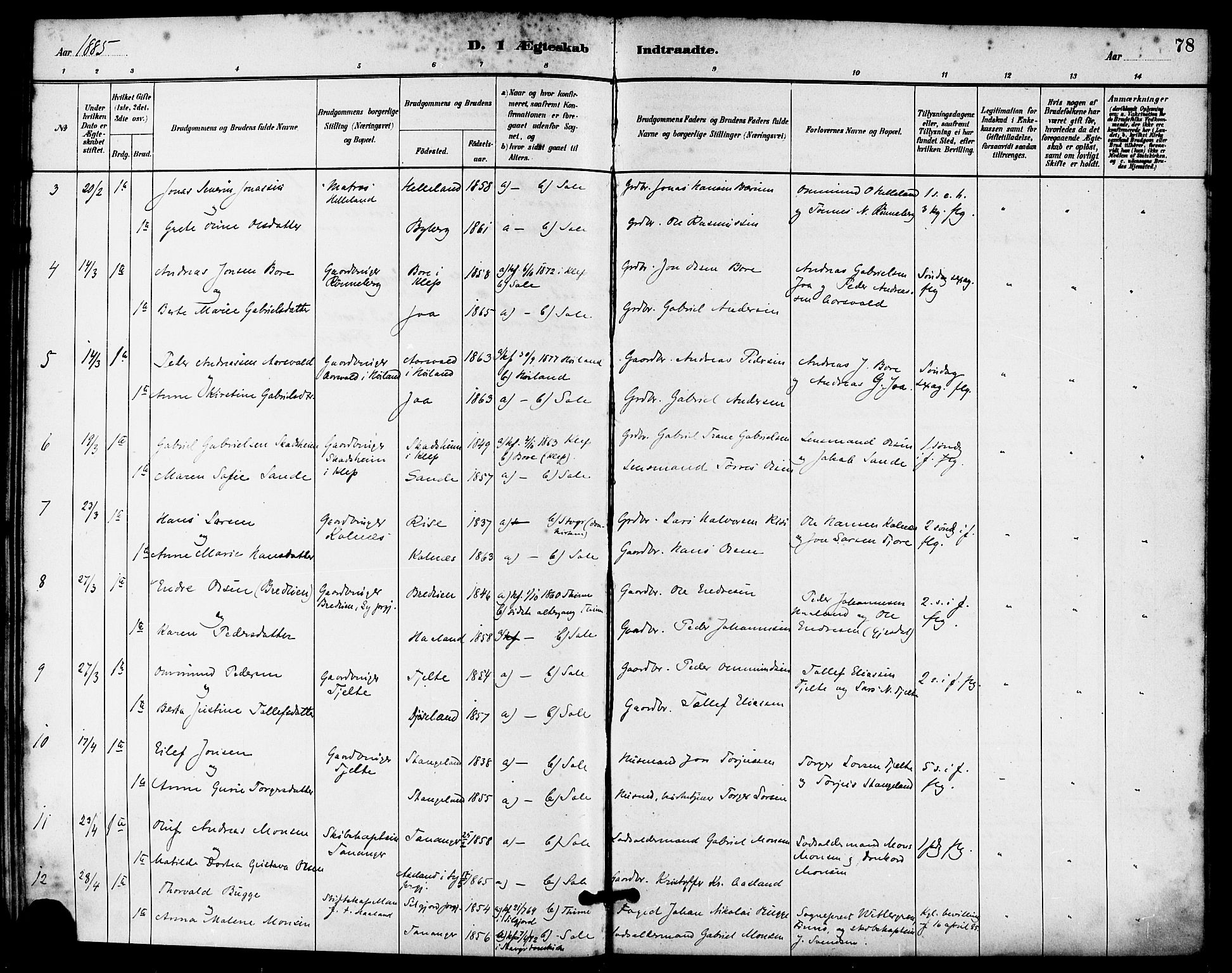 Håland sokneprestkontor, AV/SAST-A-101802/001/30BA/L0010: Parish register (official) no. A 9, 1883-1888, p. 78