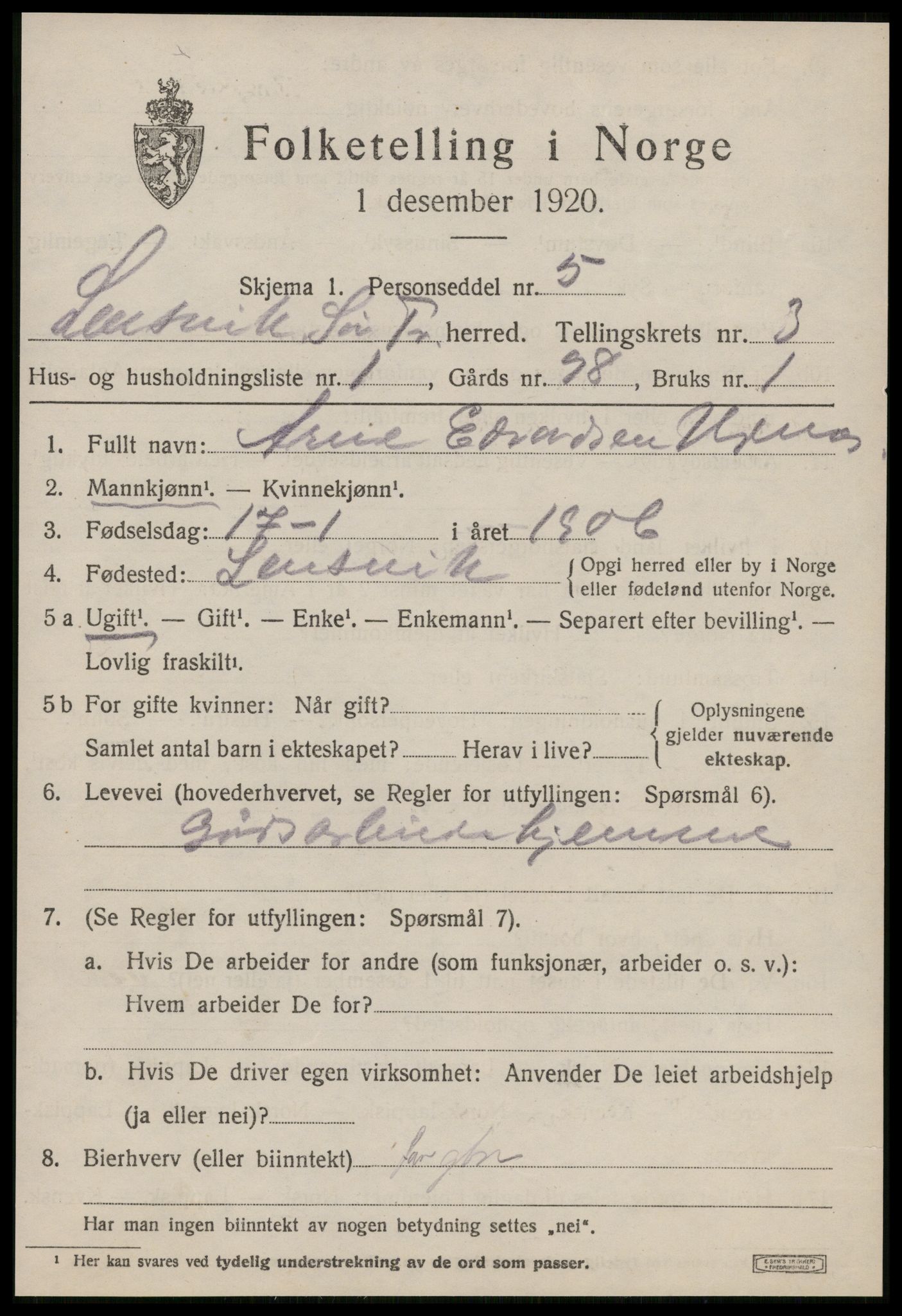 SAT, 1920 census for Lensvik, 1920, p. 1716