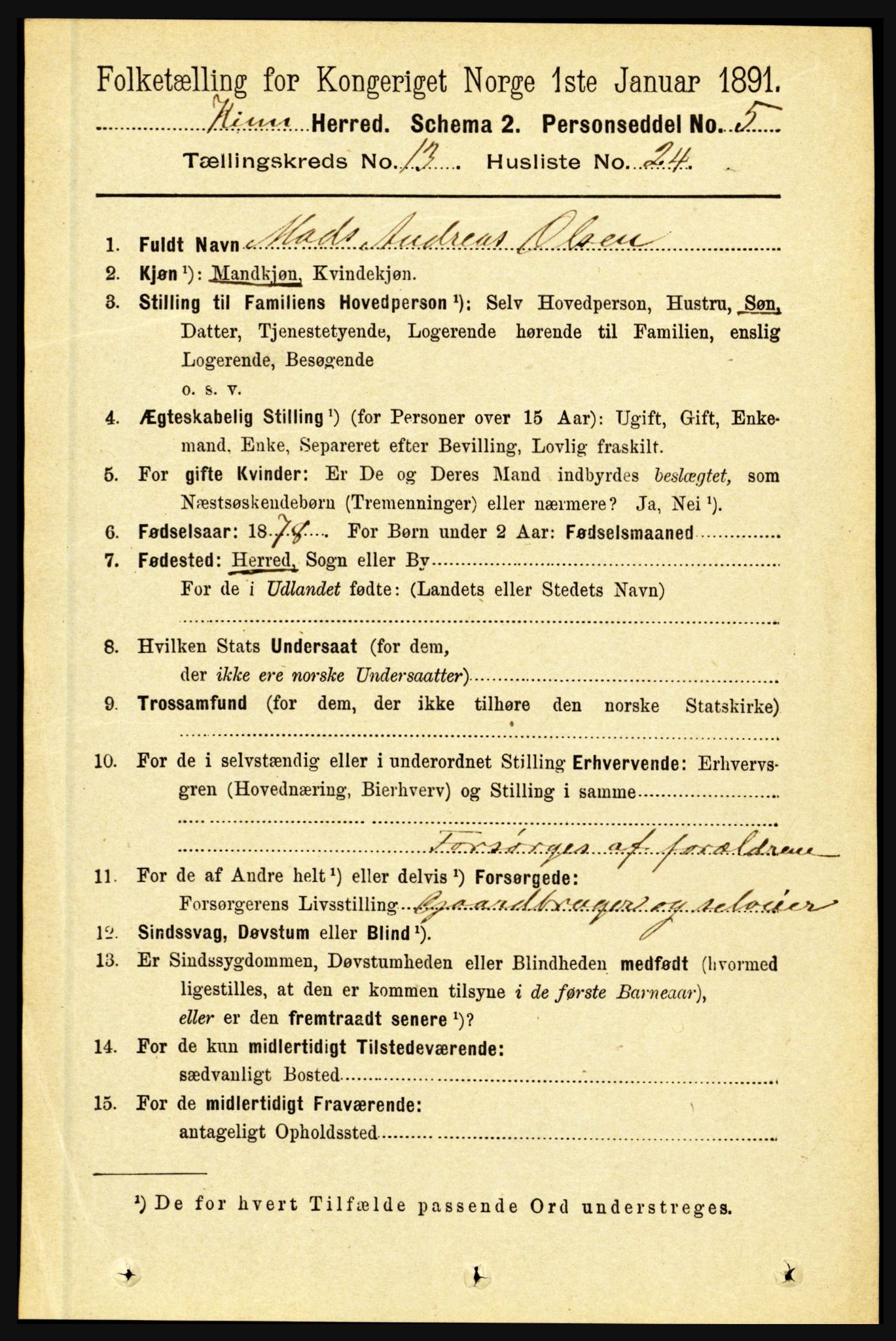 RA, 1891 census for 1437 Kinn, 1891, p. 5228