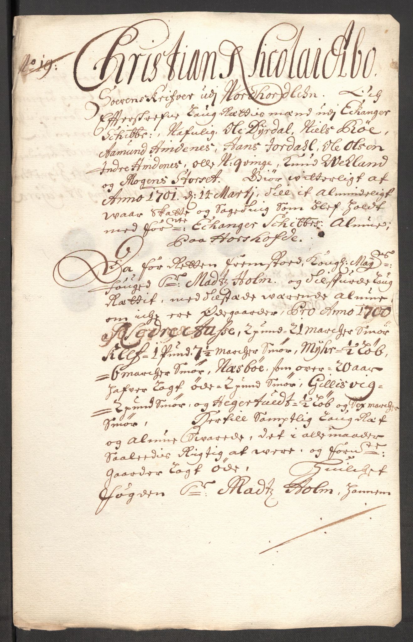 Rentekammeret inntil 1814, Reviderte regnskaper, Fogderegnskap, AV/RA-EA-4092/R51/L3185: Fogderegnskap Nordhordland og Voss, 1700-1701, p. 185