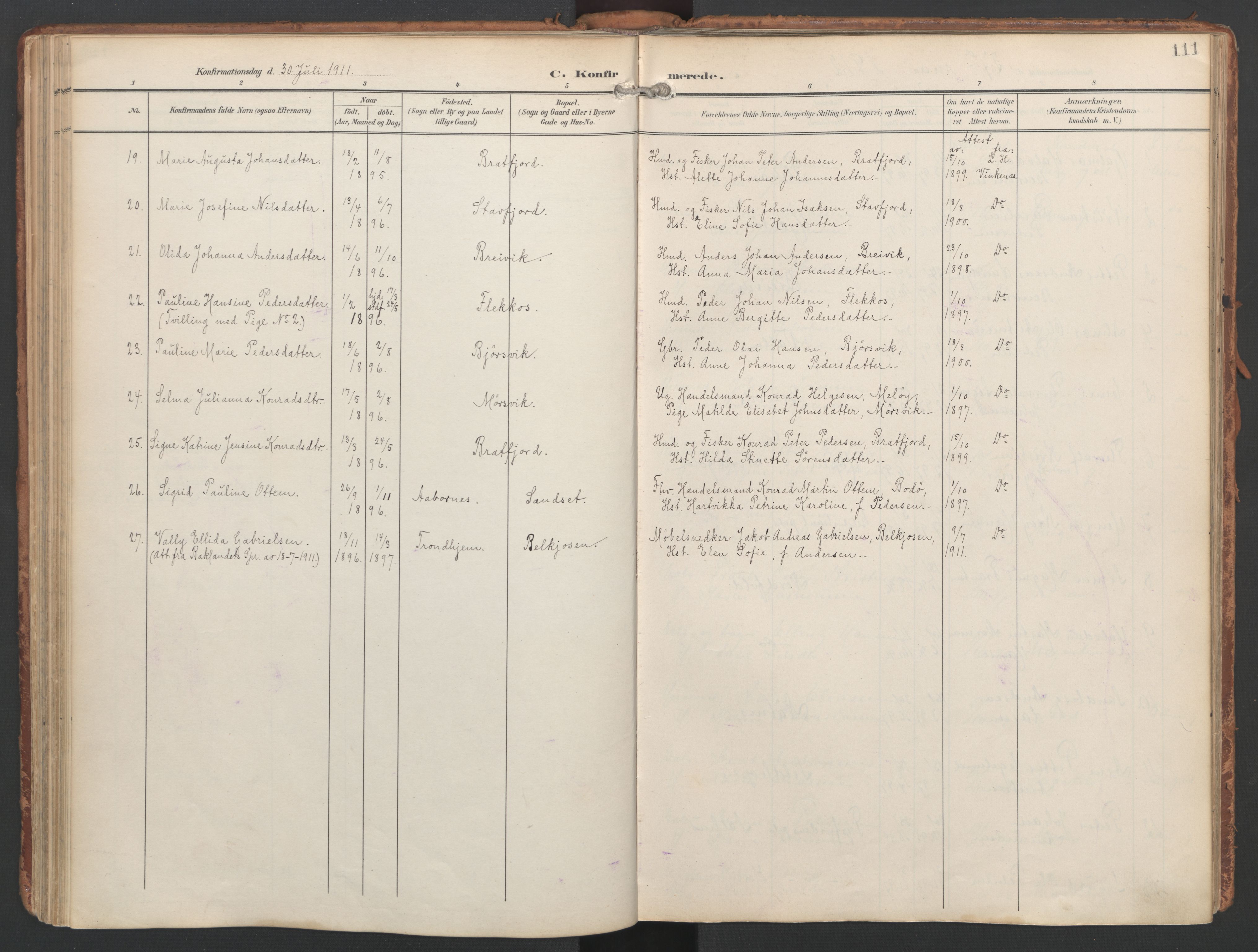Ministerialprotokoller, klokkerbøker og fødselsregistre - Nordland, AV/SAT-A-1459/858/L0832: Parish register (official) no. 858A02, 1902-1915, p. 111