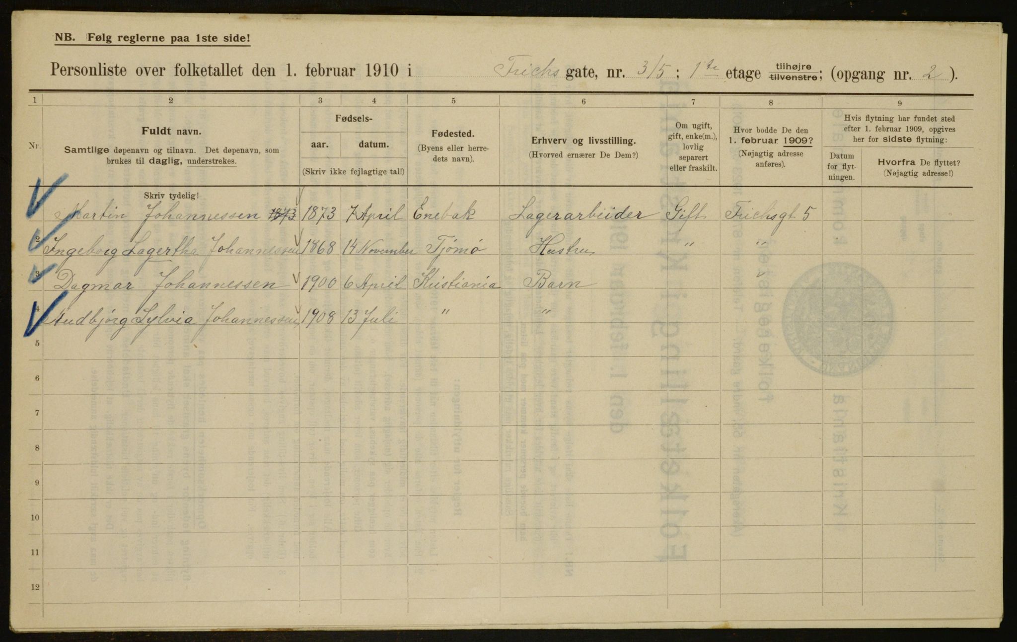 OBA, Municipal Census 1910 for Kristiania, 1910, p. 25097