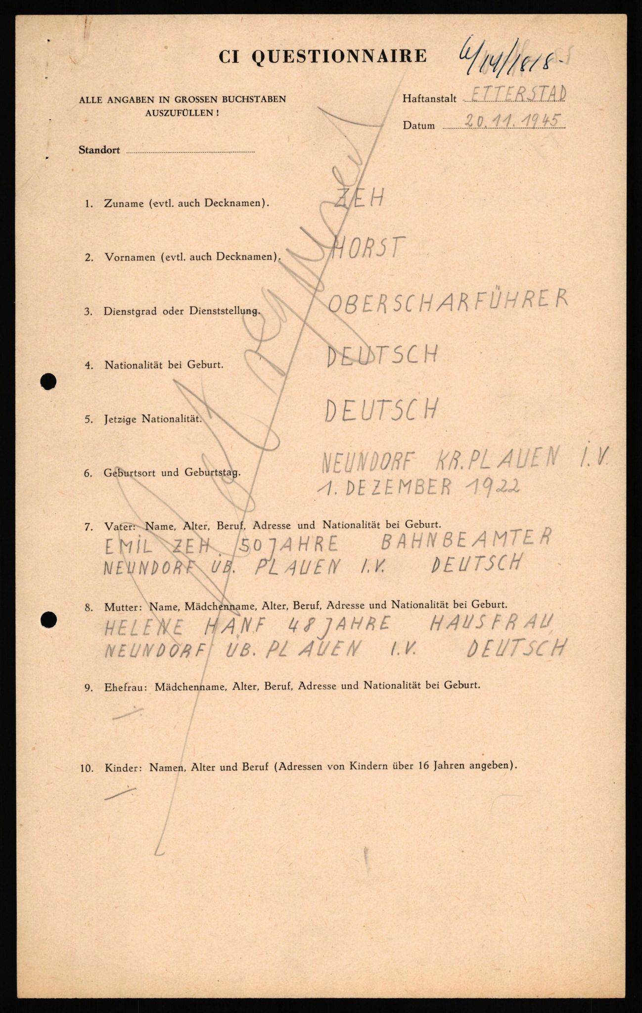 Forsvaret, Forsvarets overkommando II, AV/RA-RAFA-3915/D/Db/L0037: CI Questionaires. Tyske okkupasjonsstyrker i Norge. Tyskere., 1945-1946, p. 89