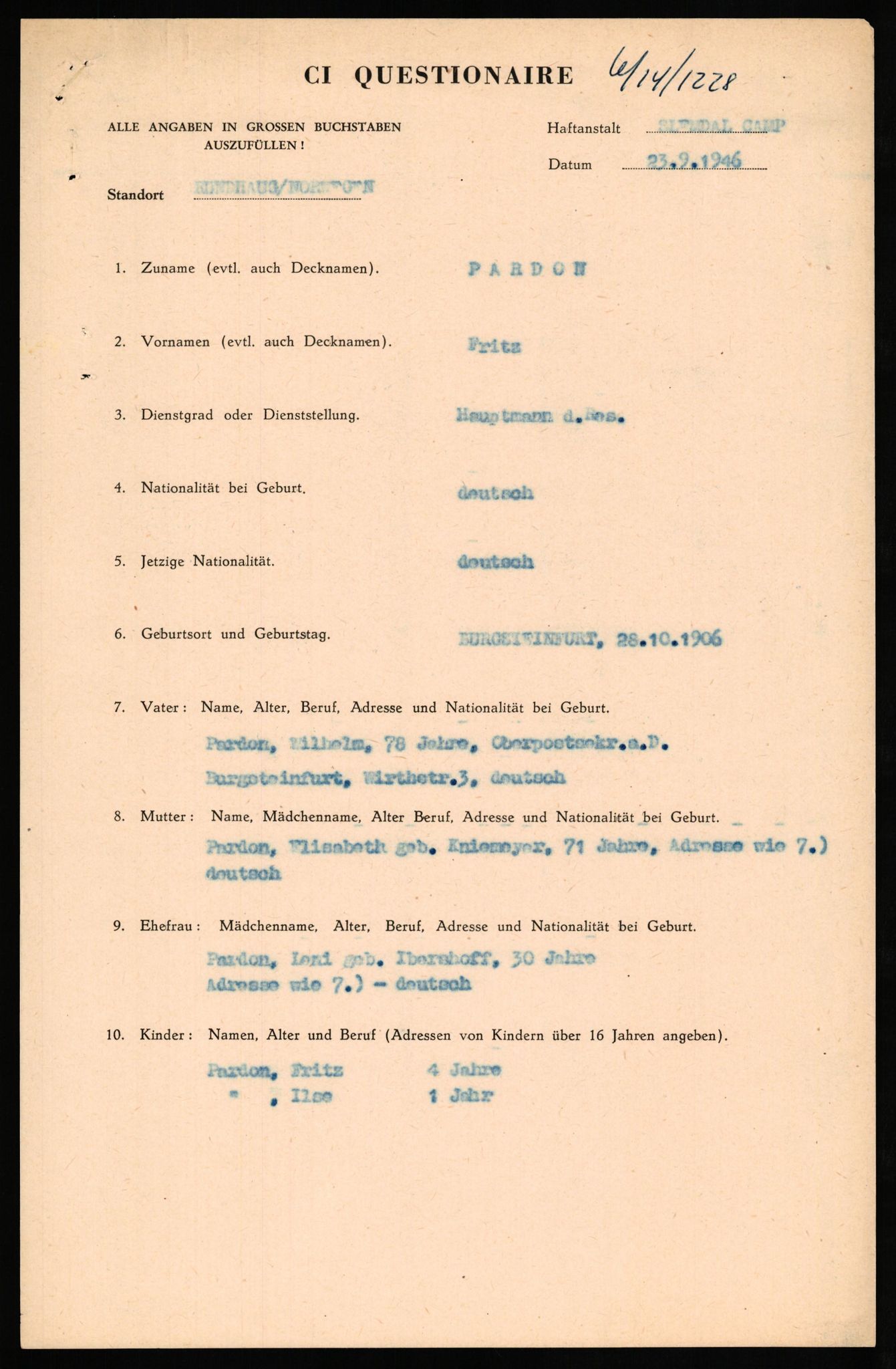 Forsvaret, Forsvarets overkommando II, AV/RA-RAFA-3915/D/Db/L0025: CI Questionaires. Tyske okkupasjonsstyrker i Norge. Tyskere., 1945-1946, p. 337