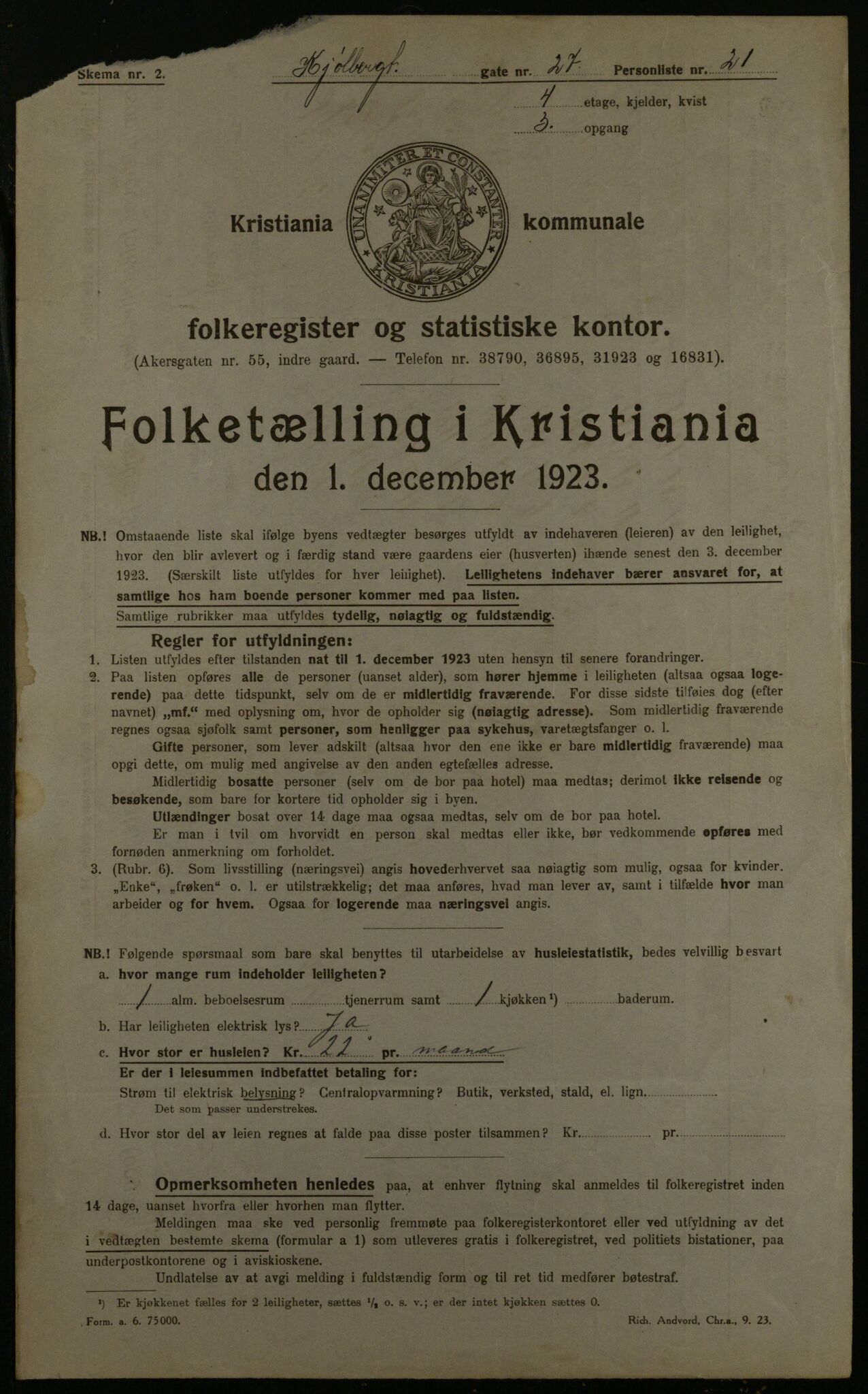 OBA, Municipal Census 1923 for Kristiania, 1923, p. 58213