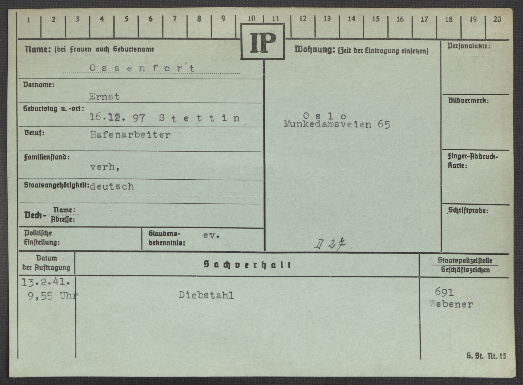 Befehlshaber der Sicherheitspolizei und des SD, RA/RAFA-5969/E/Ea/Eaa/L0008: Register over norske fanger i Møllergata 19: Oelze-Ru, 1940-1945, p. 492