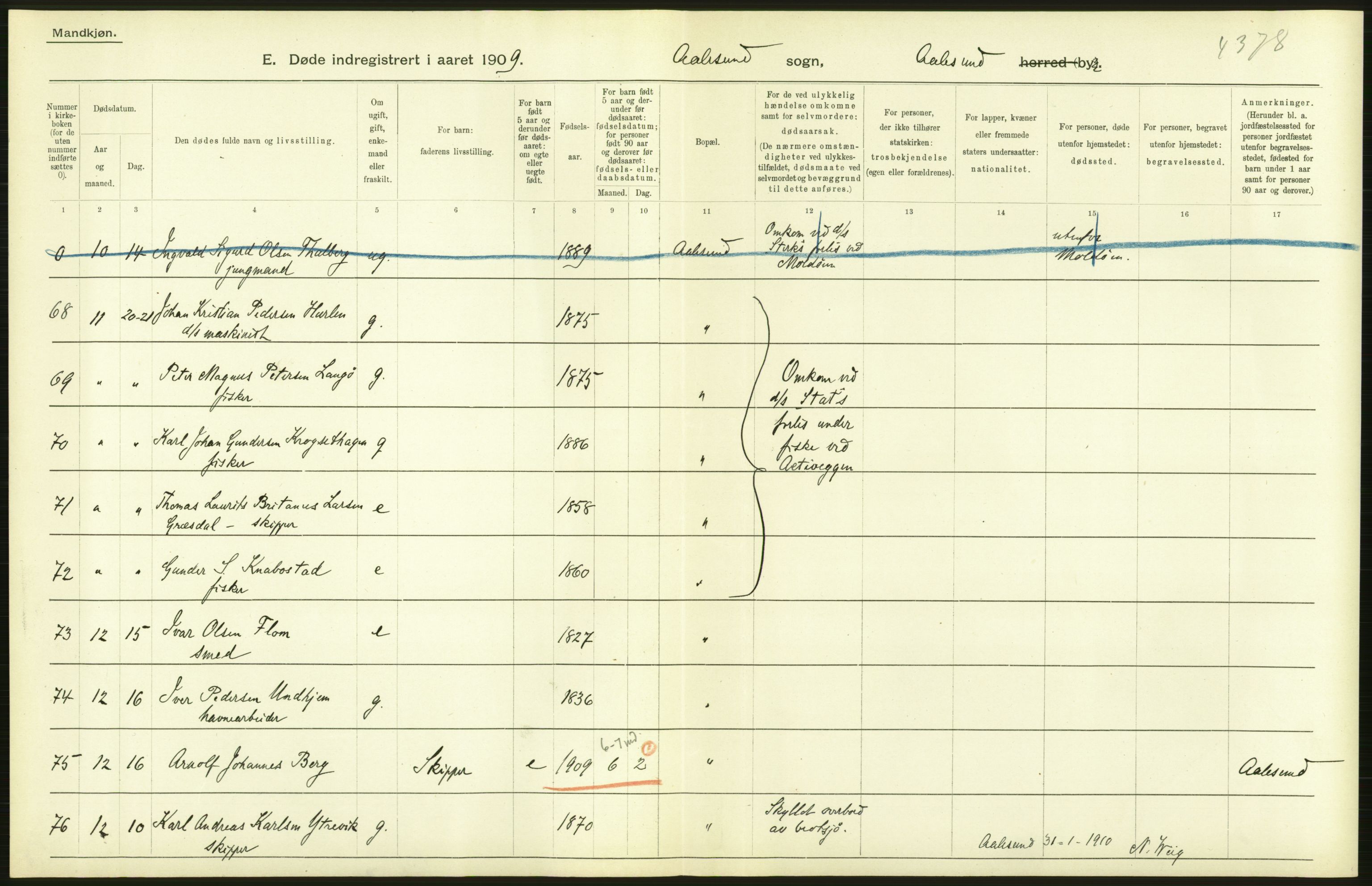 Statistisk sentralbyrå, Sosiodemografiske emner, Befolkning, AV/RA-S-2228/D/Df/Dfa/Dfag/L0038: Romsdals amt: Døde. Bygder og byer., 1909, p. 78