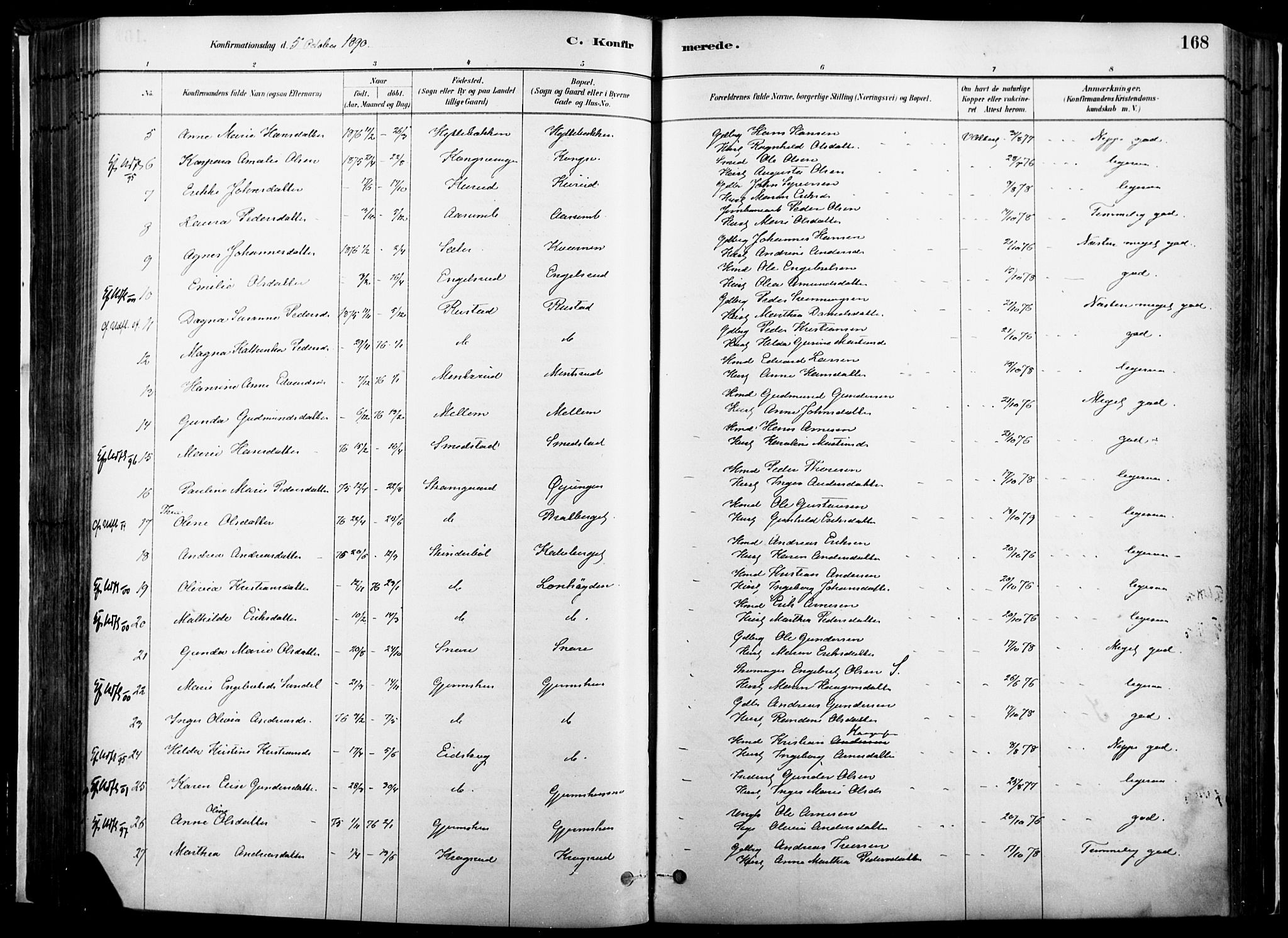 Vinger prestekontor, SAH/PREST-024/H/Ha/Haa/L0014: Parish register (official) no. 14, 1881-1900, p. 168