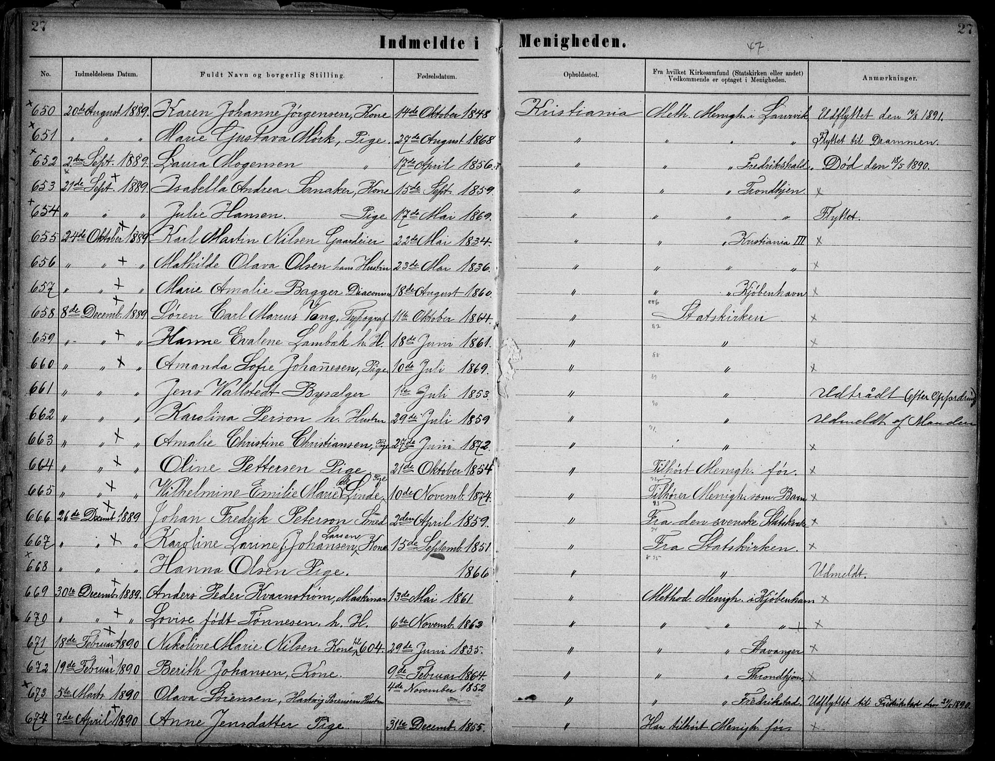 Første Metodistkirke Oslo -  menighetsprotokoller, SAO/PAO-0067/F/L0002: Dissenter register no. 2, 1883-1892, p. 27