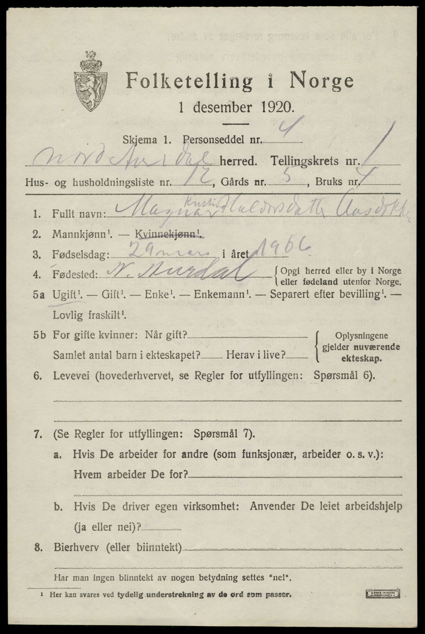 SAH, 1920 census for Nord-Aurdal, 1920, p. 2032