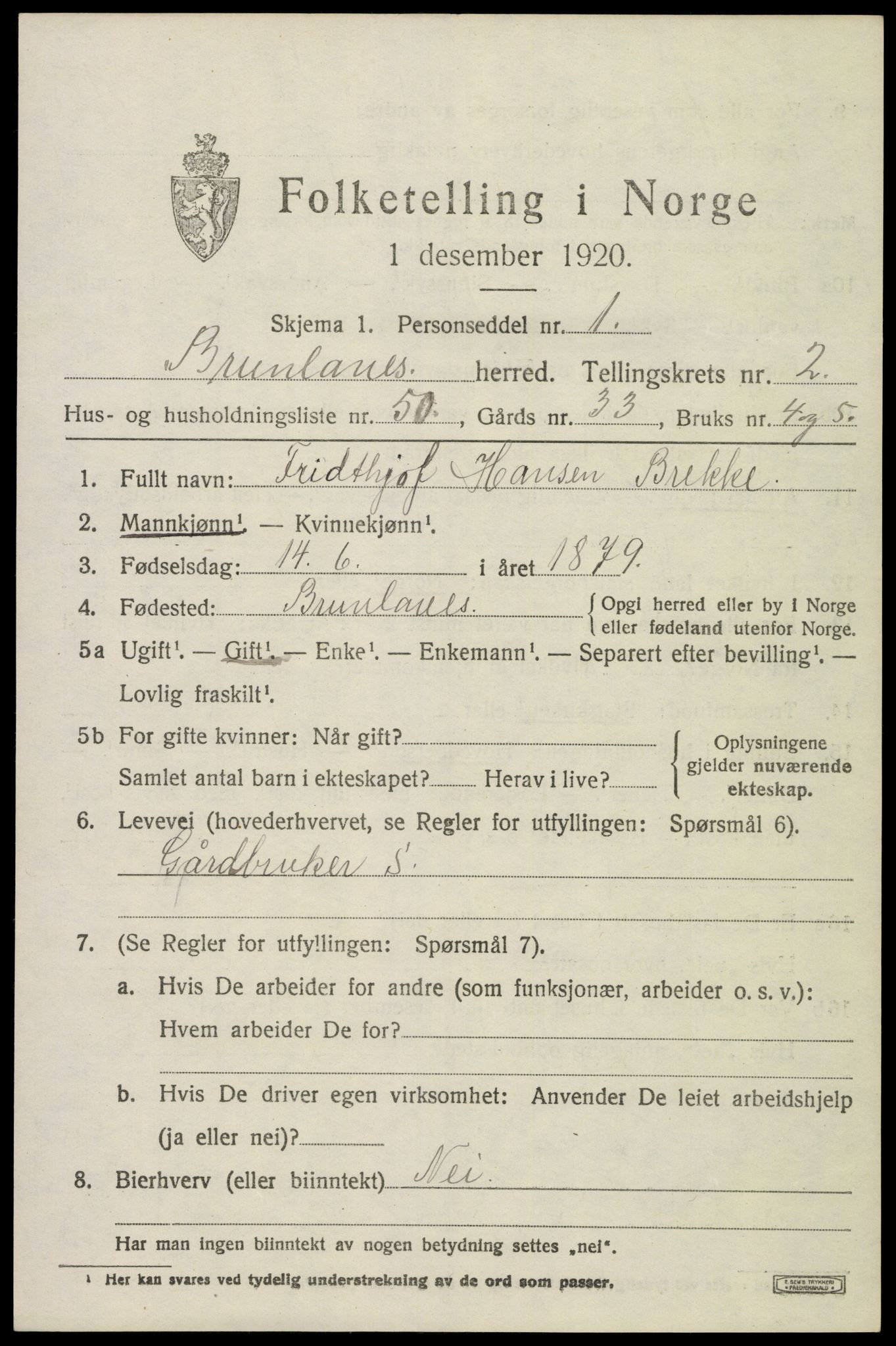 SAKO, 1920 census for Brunlanes, 1920, p. 3835