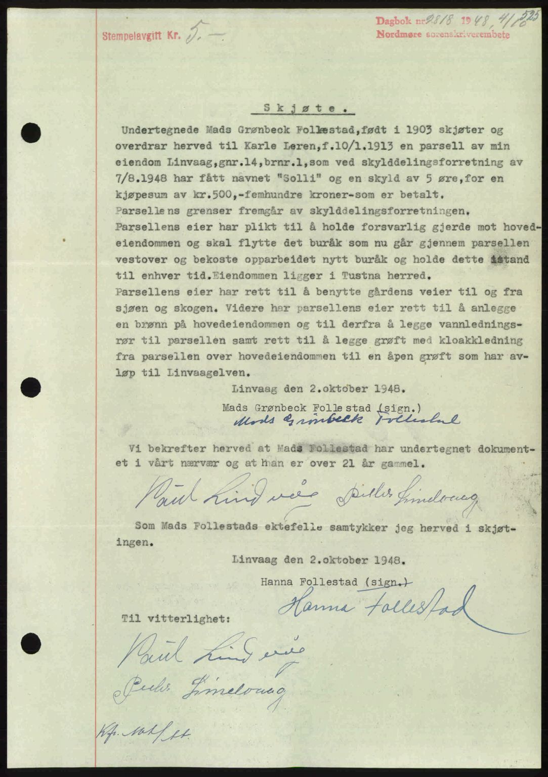 Nordmøre sorenskriveri, AV/SAT-A-4132/1/2/2Ca: Mortgage book no. A109, 1948-1948, Diary no: : 2818/1948